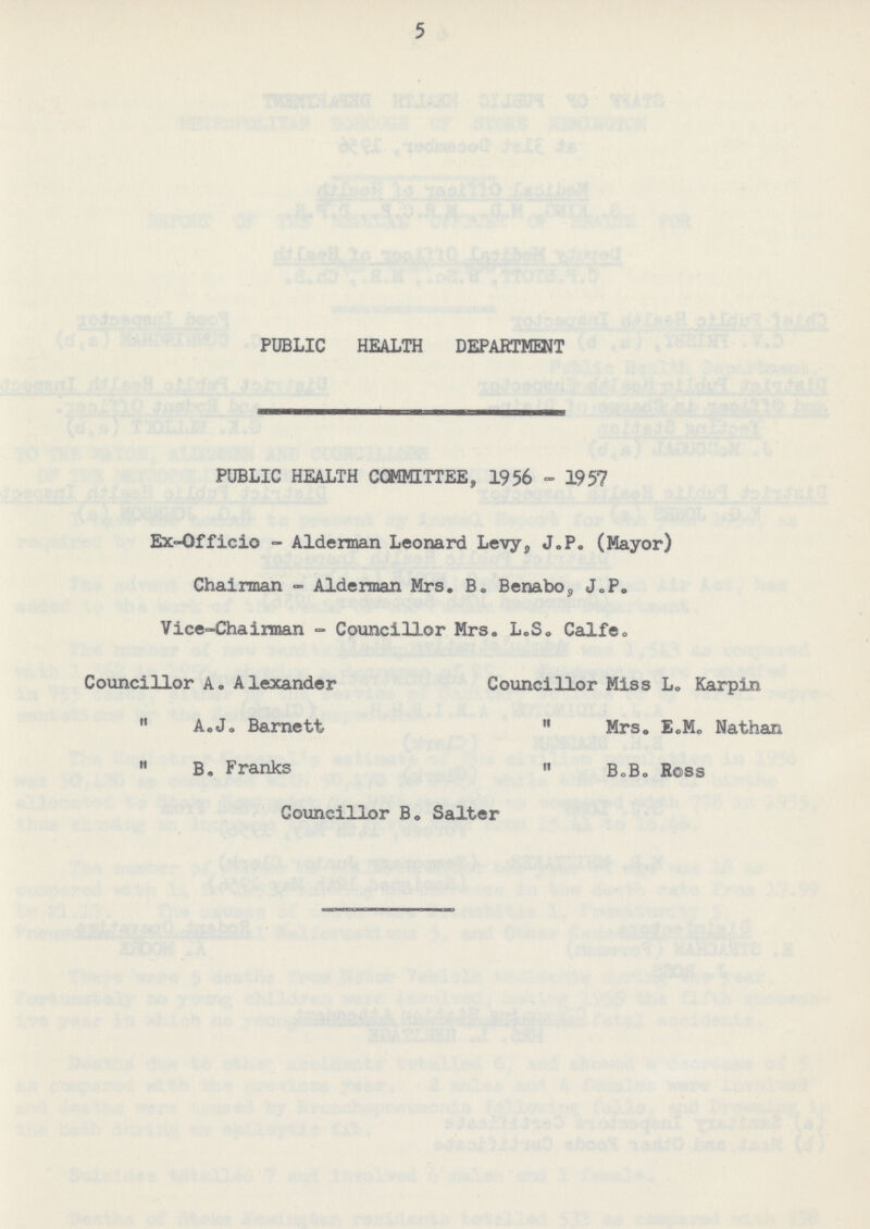 5 PUBLIC HEALTH DEPARTMENT PUBLIC HEALTH COMMITTEE, 1956-1957 Ex-Officio-Alderman Leonard Levy, J.P. (Mayor) Chairman-Alderman Mrs. B. Benabo9 J.P. Vice-Chairman-Councillor Mrs. L.S. Calfe. Councillor A. Alexander ,, A.J. Barnett ,, B. Franks Councillor Miss L. Karpin ,, Mrs. E.M. Nathan ,, B.B. Ross Councillor B. Salter