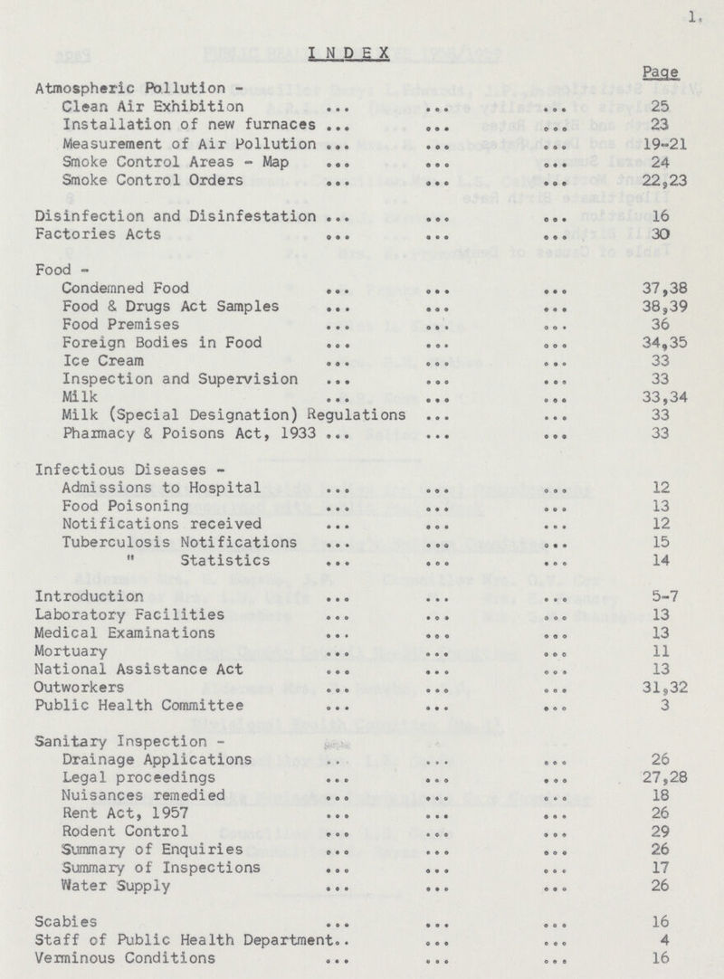 1. INDEX Page Atmospheric Pollution - Clean Air Exhibition 25 Installation of new furnaces 23 Measurement of Air Pollution 19-21 Smoke Control Areas - Map 24 Smoke Control Orders 22,23 Disinfection and Disinfestation 16 Factories Acts 30 Food - Condemned Food 37,38 Food & Drugs Act Samples 38,39 Food Premises 36 Foreign Bodies in Food 34,35 Ice Cream 33 Inspection and Supervision 33 Milk 33,34 Milk (Special Designation) Regulations 33 Pharmacy & Poisons Act, 1933 33 Infectious Diseases - Admissions to Hospital 12 Food Poisoning 13 Notifications received 12 Tuberculosis Notifications 15  Statistics 14 Introduction 5-7 Laboratory Facilities 13 Medical Examinations 13 Mortuary 11 National Assistance Act 13 Outworkers 31,32 Public Health Committee 3 Sanitary Inspection - Drainage Applications 26 Legal proceedings 27,28 Nuisances remedied 18 Rent Act, 1957 26 Rodent Control 29 Summary of Enquiries 26 Summary of Inspections 17 Water Supply 26 Scabies 16 Staff of Public Health Department 4 Verminous Conditions 16
