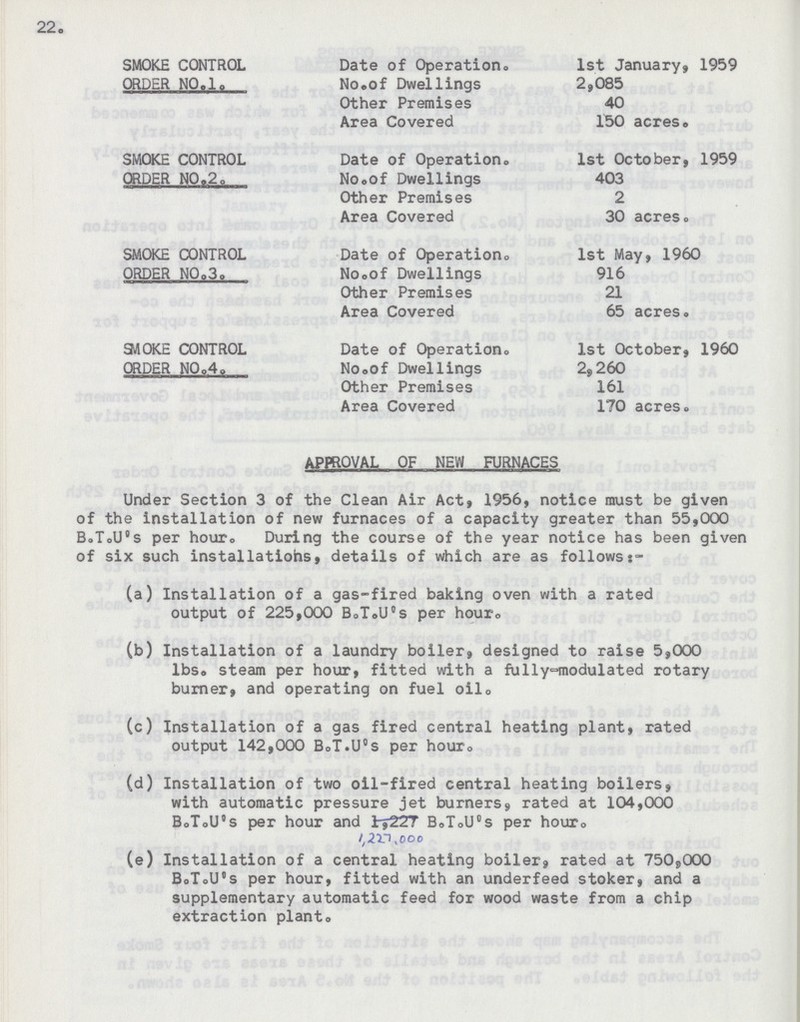 22. SMOKE CONTROL ORDER NO.l. Date of Operation. No.of Dwellings Other Premises Area Covered 1st January, 1959 2,085 40 150 acres. SMOKE CONTROL ORDER NO.2. Date of Operation. No.of Dwellings Other Premises Area Covered 1st October, 1959 403 2 30 acres. SMOKE CONTROL ORDER NO.3. Date of Operation. No.of Dwellings Other Premises Area Covered 1st May, 1960 916 21 65 acres. SMOKE CONTROL ORDER NO.4. Date of Operation. No.of Dwellings Other Premises Area Covered 1st October, 1960 2,260 161 170 acres. APPROVAL OF NEW FURNACES Under Section 3 of the Clean Air Act, 1956, notice must be given of the installation of new furnaces of a capacity greater than 55,000 B.T.U's per hour. During the course of the year notice has been given of six such installatiohs, details of which are as follows:- (a) Installation of a gas-fired baking oven with a rated output of 225,000 B.T.U's per hour. (b) Installation of a laundry boiler, designed to raise 5,000 lbs. steam per hour, fitted with a fully-modulated rotary burner, and operating on fuel oil. (c) Installation of a gas fired central heating plant, rated output 142,000 B.T.U's per hour. (d) Installation of two oil-fired central heating boilers, with automatic pressure jet burners, rated at 104,000 B.T.U's per hour and 1,227.000 B.T.U's per hour. (e) Installation of a central heating boiler, rated at 750,000 B.T.U's per hour, fitted with an underfeed stoker, and a supplementary automatic feed for wood waste from a chip extraction plant.