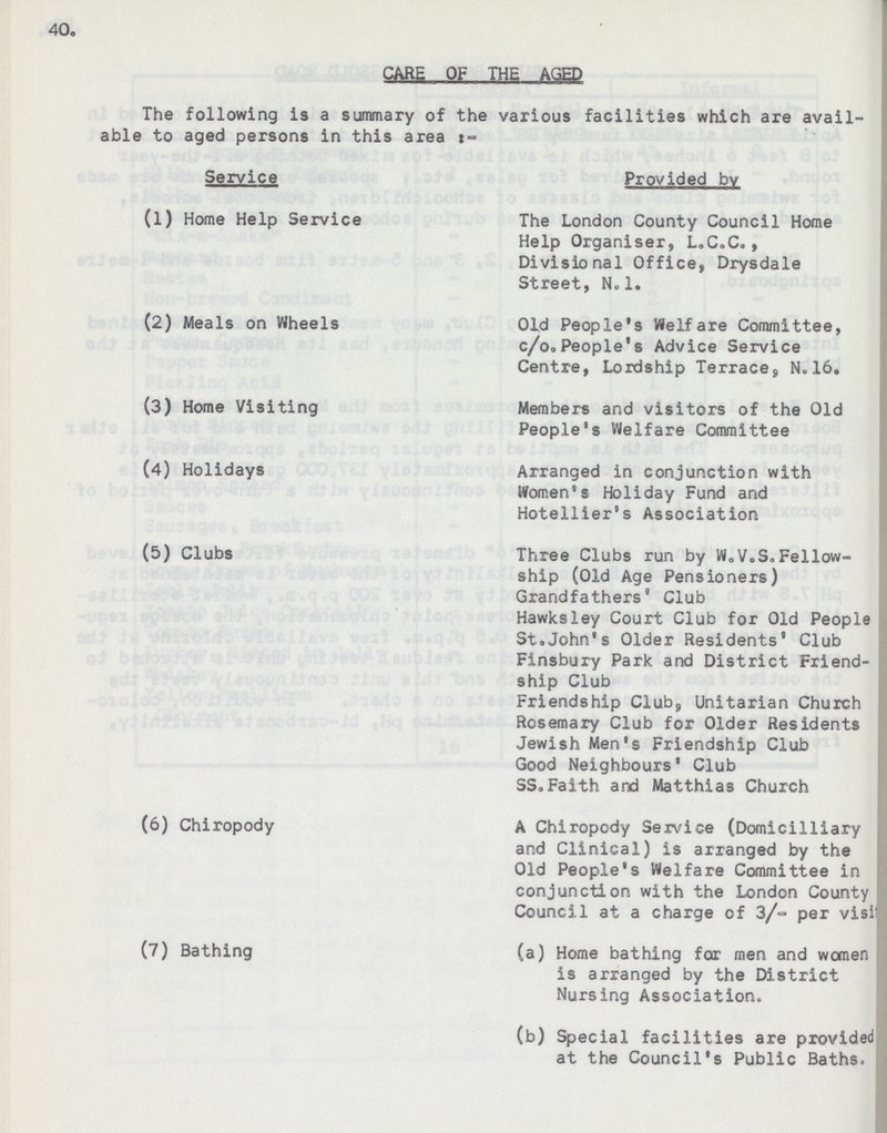40. CARS OF THE AGED The following is a summary of the various facilities which are avail able to aged persons in this area :- Service Provided by (1) Home Help Service The London County Council Home Help Organiser, L.C.C., Divisional Office, Drysdale Street, N. 1. (2) Meals on Wheels Old People's Welfare Committee, c/o.People's Advice Service Centre, Lordship Terrace, No 16. (3) Home Visiting Members and visitors of the Old People's Welfare Committee (4) Holidays Arranged in conjunction with Women's Holiday Fund and Hotellier's Association (5) Clubs Three Clubs run by W.V.S.Fellow ship (Old Age Pensioners) Grandfathers' Club Hawks ley Court Club for Old People St.John's Older Residents' Club Finsbury Park and District Friend ship Club Friendship Club, Unitarian Church Rosemary Club for Older Residents Jewish Men's Friendship Club Good Neighbours' Club SS.Faith and Matthias Church (6) Chiropody A Chiropody Service (Domicilliary and Clinical) is arranged by the Old People's Welfare Committee in conjunction with the London County Council at a charge of 3/- per visit (7) Bathing (a) Home bathing for men and women is arranged by the District Nursing Association. (b) Special facilities are provided at the Council's Public Baths.