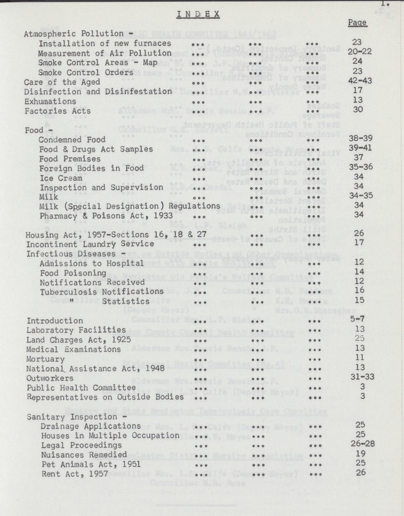 INDEX Page Atmospheric Pollution Installation of new furnaces 23 Measurement of Air Pollution 20-22 Smoke Control Areas - Map 24 Smoke Control Orders 23 Care of the Aged 42-43 Disinfection and Disinfestation 17 Exhumations 13 Factories Acts 30 Food Condemned Food 38-39 Food & Drugs Act Samples 39-41 Food Premises 37 Foreign Bodies in Food 35-36 Ice Cream 34 Inspection and Supervision 34 Milk 34-35 Milk (Special Designation) Regulations 34 Pharmacy 8. Poisons Act, 1933 34 Housing Act, 1957-Sections 16, 18 & 27 26 Incontinent Laundry Service 17 Infectious Diseases Admissions to Hospital 12 Food Poisoning 14 Notifications Received 12 Tuberculosis Notifications 16 Statistics 15 Introduction 5-7 Laboratory Facilities 13 Land Charges Act, 1925 25 Medical Examinations 13 Mortuary 11 National. Assistance Act, 1948 13 Outworkers 31-33 Public Health Committee 3 Representatives on Outside Bodies 3 Sanitary Inspection Drainage Applications 25 Houses in Multiple Occupation 25 Legal Proceedings 26-28 Nuisances Remedied 19 Pet Animals Act, 1951 25 Rent Act, 1957 26
