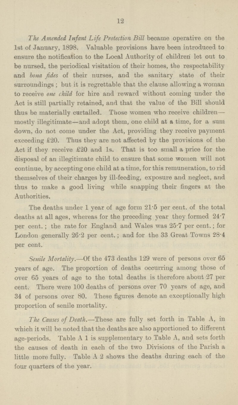 12 The Amended Infant Life Protection Bill became operative on the 1st of January, 1898. Valuable provisions have been introduced to ensure the notification to the Local Authority of children let out to be nursed, the periodical visitation of their homes, the respectability and bom fides of their nurses, and the sanitary state of their surroundings; but it is regrettable that the clause allowing a woman to receive one child for hire and reward without coming under the Act is still partially retained, and that the value of the Bill should thus be materially curtailed. Those women who receive children— mostly illegitimate—and adopt them, one child at a time, for a sum down, do not come under the Act, providing they receive payment exceeding £20. Thus they are not affected by the provisions of the Act if they receive £20 and Is. That is too small a price for the disposal of an illegitimate child to ensure that some women will not continue, by accepting one child at a time, for this remuneration, to rid themselves of their charges by ill-feeding, exposure and neglect, and thus to make a good living while snapping their fingers at the Authorities. The deaths under 1 year of age form 21.5 per cent. of the total deaths at all ages, whereas for the preceding year they formed 24.7 per cent.; the rate for England and Wales was 25.7 per cent.; for London generally 26.2 per cent.; and for the 33 Great Towns 28.4 per cent. Senile Mortality.—Of the 473 deaths 129 were of persons over 65 years of age. The proportion of deaths occurring among those of over 65 years of age to the total deaths is therefore about 27 per cent. There were 100 deaths of persons over 70 years of age, and 34 of persons over 80. These figures denote an exceptionally high proportion of senile mortality. The Causes of Death.—These are fully set forth in Table A, in which it will be noted that the deaths are also apportioned to different age-periods. Table A 1 is supplementary to Table A, and sets forth the causes of death in each of the two Divisions of the Parish a little more fully. Table A 2 shows the deaths during each of the four quarters of the year.