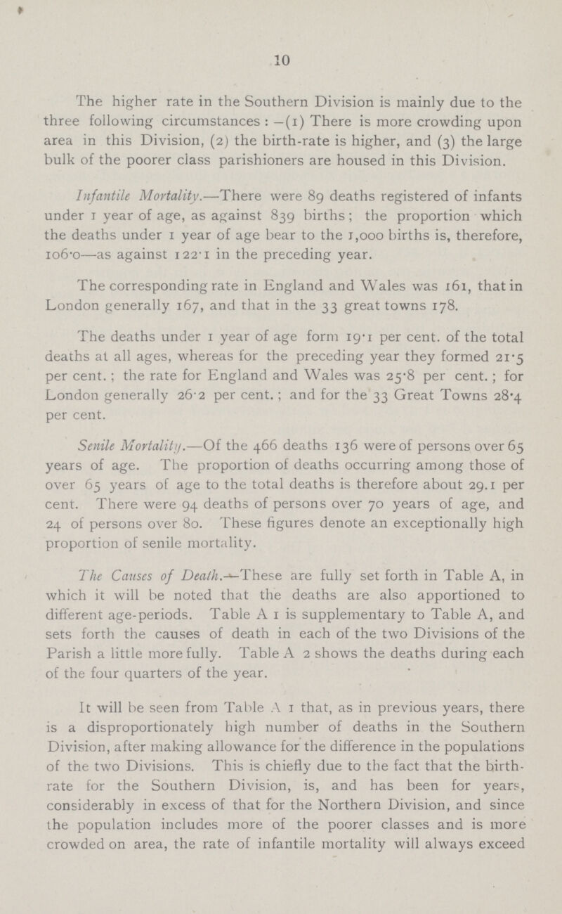 10 The higher rate in the Southern Division is mainly due to the three following circumstances:— (i) There is more crowding upon area in this Division, (2) the birth-rate is higher, and (3) the large bulk of the poorer class parishioners are housed in this Division. Infantile Mortality.—There were 89 deaths registered of infants under 1 year of age, as against 839 births; the proportion which the deaths under 1 year of age bear to the 1,000 births is, therefore, 1060.0—as against 122.1 in the preceding year. The corresponding rate in England and Wales was 161, that in London generally 167, and that in the 33 great towns 178. The deaths under 1 year of age form 19.1 per cent. of the total deaths at all ages, whereas for the preceding year they formed 21.5 per cent.; the rate for England and Wales was 25.8 per cent.; for London generally 26 2 per cent.; and for the 33 Great Towns 28.4 per cent. Senile Mortaliti/.—Of the 466 deaths 136 were of persons over 65 years of age. The proportion of deaths occurring among those of over 65 years of age to the total deaths is therefore about 29.1 per cent. There were 94 deaths of persons over 70 years of age, and 24 of persons over 80. These figures denote an exceptionally high proportion of senile mortality. The Causes of Death.-These are fully set forth in Table A, in which it will be noted that the deaths are also apportioned to different age-periods. Table A 1 is supplementary to Table A, and sets forth the causes of death in each of the two Divisions of the Parish a little more fully. Table A 2 shows the deaths during each of the four quarters of the year. It will be seen from Table A 1 that, as in previous years, there is a disproportionately high number of deaths in the Southern Division, after making allowance for the difference in the populations of the two Divisions. This is chiefly due to the fact that the birth rate for the Southern Division, is, and has been for years, considerably in excess of that for the Northern Division, and since the population includes more of the poorer classes and is more crowded on area, the rate of infantile mortality will always exceed