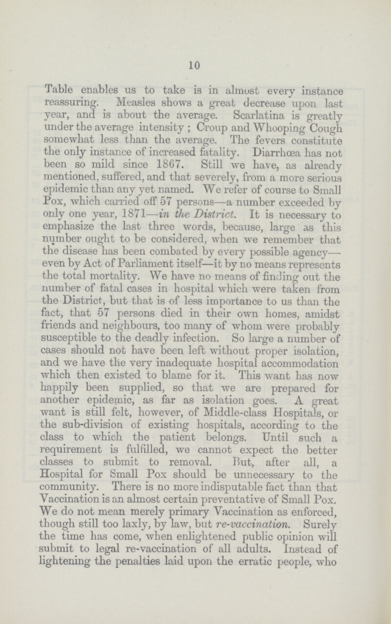 10 Table enables us to take is in almost every instance reassuring. Measles shows a great decrease upon last year, and is about the average. Scarlatina is greatly under the average intensity; Croup and Whooping Cough somewhat less than the average. The fevers constitute the only instance of increased fatality. Diarrhœa has not been so mild since 1867. Still we have, as already mentioned, suffered, and that severely, from a more serious epidemic than any yet named. We refer of course to Small Pox, which carried off 57 persons—a number exceeded by only one year, 1871—in the District. It is necessary to emphasize the last three words, because, large as this number ought to be considered, when we remember that the disease has been combated by every possible agency— even by Act of Parliament itself—it by no means represents the total mortality. We have no means of finding out the number of fatal cases in hospital which were taken from the District, but that is of less importance to us than the fact, that 57 persons died in their own homes, amidst friends and neighbours, too many of whom were probably susceptible to the deadly infection. So large a number of cases should not have been left without proper isolation, and we have the very inadequate hospital accommodation which then existed to blame for it. This want has now happily been supplied, so that we are prepared for another epidemic, as far as isolation goes. A great want is still felt, however, of Middle-class Hospitals, or the sub-division of existing hospitals, according to the class to which the patient belongs. Until such a requirement is fulfilled, we cannot expect the better classes to submit to removal. But, after all, a Hospital for Small Pox should be unnecessary to the community. There is no more indisputable fact than that Vaccination is an almost certain preventative of Small Pox. We do not mean merely primary Vaccination as enforced, though still too laxly, by law, but re-vaccination. Surely the time has come, when enlightened public opinion will submit to legal re-vaccination of all adults. Instead of lightening the penalties laid upon the erratic people, who