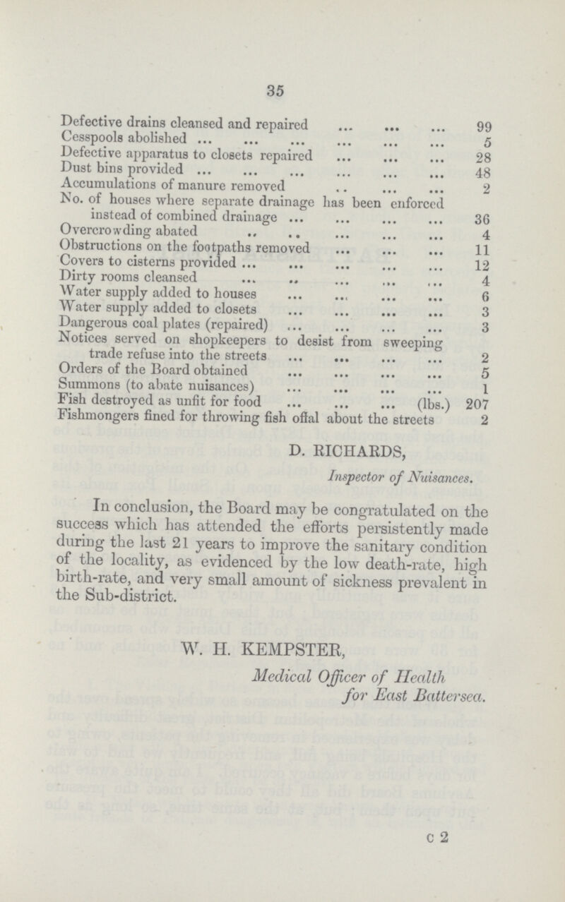 35 Defective drains cleansed and repaired 99 Cesspools abolished 5 Defective apparatus to closets repaired 28 Dust bins provided 48 Accumulations of manure removed 2 No. of houses where separate drainage has been enforced instead of combined drainage 36 Overcrowding abated 4 Obstructions on the footpaths removed 11 Covers to cisterns provided 12 Dirty rooms cleansed 4 Water supply added to houses 6 Water supply added to closets 3 Dangerous coal plates (repaired) 3 Notices served on shopkeepers to desist from sweeping trade refuse into the streets 2 Orders of the Board obtained 5 Summons (to abate nuisances) 1 Fish destroyed as unfit for food (lbs.) 207 Fishmongers fined for throwing fish offal about the streets 2 D. RICHARDS, Inspector of Nuisances. In conclusion, the Board may be congratulated on the success which has attended the efforts persistently made during the last 21 years to improve the sanitary condition of the locality, as evidenced by the low death-rate, high birth-rate, and very small amount of sickness prevalent in the Sub-district. W. H. KEMPSTER, Medical Officer of Health for East Battersea. C 2