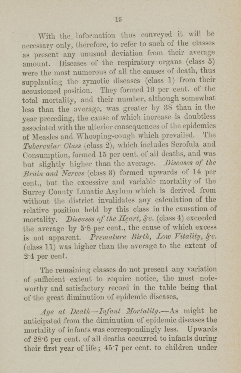 15 With the information thus conveyed it will he necessary only, therefore, to refer to such of the classes as present any unusual deviation from their average amount. Diseases of the respiratory organs (class 5) were the most numerous of all the causes of death, thus supplanting the zymotic diseases (class 1) from their accustomed position. They formed 19 per cent. of the total mortality, and their number, although somewhat less than the average, was greater by 38 than in the year preceding, the cause of which increase is doubtless associated with the ulterior consequences of the epidemics of Measles and Whooping-cough which prevailed. The Tubercular Class (class 2), which includes Scrofula and Consumption, formed 15 per cent. of all deaths, and was but slightly higher than the average. Diseases of the Brain and Nerves (class 3) formed upwards of 14 per cent., but the excessive and variable mortality of the Surrey County Lunatic Asylum which is derived from Avithout the district invalidates any calculation of the relative position held by this class in the causation of mortality. Diseases of the Heart, &c. (class 4) exceeded the average by 5.8 per cent., the cause of which excess is not apparent. Premature Birth, Low Vitality, &c. (class 11) was higher than the average to the extent of 2.4 per cent. The remaining classes do not present any variation of sufficient extent to require notice, the most note worthy and satisfactory record in the table being that of the great diminution of epidemic diseases. Age at Death—Infant Mortality.— As might be anticipated from the diminution of epidemic diseases the mortality of infants was correspondingly less. Upwards of 28.6 per cent. of all deaths occurred to infants during their first year of life; 45.7 per cent. to children under
