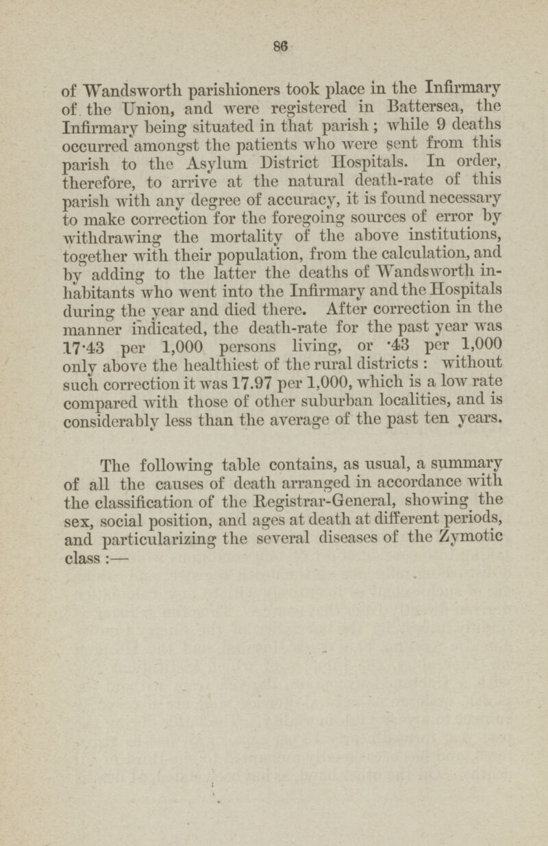 86 of Wandsworth parishioners took place in the Infirmary of the Union, and were registered in Battersea, the Infirmary being situated in that parish ; while 9 deaths occurred amongst the patients who were sent from this parish to the Asylum District Hospitals. In order, therefore, to arrive at the natural death-rate of this parish with any degree of accuracy, it is found necessary to make correction for the foregoing sources of error by withdrawing the mortality of the above institutions, together with their population, from the calculation, and by adding to the latter the deaths of Wandsworth in habitants who went into the Infirmary and the Hospitals during the year and died there. After correction in the manner indicated, the death-rate for the past year was 17'43 per 1,000 persons living, or .43 per 1,000 only above the healthiest of the rural districts: without such correction it was 17.97 per 1,000, which is a low rate compared with those of other suburban localities, and is considerably less than the average of the past ten years. The following table contains, as usual, a summary of all the causes of death arranged in accordance with the classification of the Registrar-General, showing the sex, social position, and ages at death at different periods, and particularizing the several diseases of the Zymotic class:-