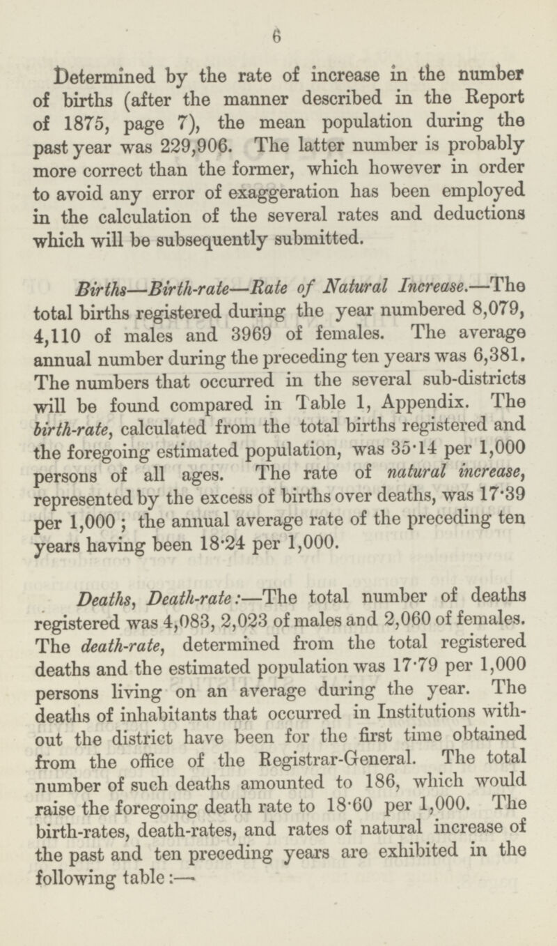 6 Determined by the rate of increase in the number of births (after the manner described in the Report of 1875, page 7), the mean population during the past year was 229,906. The latter number is probably more correct than the former, which however in order to avoid any error of exaggeration has been employed in the calculation of the several rates and deductions which will be subsequently submitted. Births—Birth-rate—Rate of Natural Increase.—The total births registered during the year numbered 8,079, 4,110 of males and 3969 of females. The average annual number during the preceding ten years was 6,381. The numbers that occurred in the several sub-districts will be found compared in Table 1, Appendix. The birth-rate, calculated from the total births registered and the foregoing estimated population, was 35.14 per 1,000 persons of all ages. The rate of natural increase, represented by the excess of births over deaths, was 17.39 per 1,000; the annual average rate of the preceding ten years having been 18.24 per 1,000. Deaths, Death-rate:—The total number of deaths registered was 4,083, 2,023 of males and 2,060 of females. The death-rate, determined from the total registered deaths and the estimated population was 17.79 per 1,000 persons living on an average during the year. The deaths of inhabitants that occurred in Institutions with out the district have been for the first time obtained from the office of the Registrar-General. The total number of such deaths amounted to 186, which would raise the foregoing death rate to 18*60 per 1,000. The birth-rates, death-rates, and rates of natural increase of the past and ten preceding years are exhibited in the following table:—