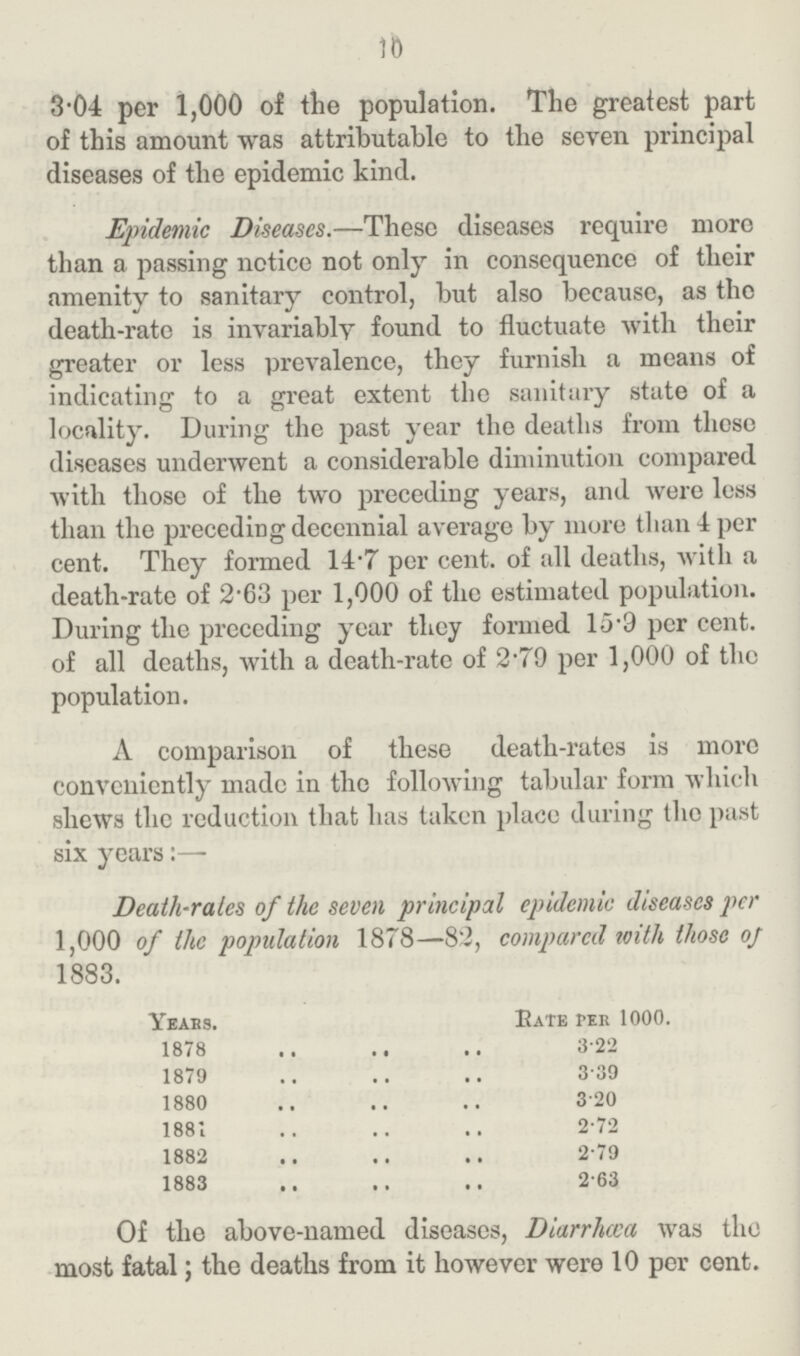 18 3.04 per 1,000 of the population. The greatest part of this amount was attributable to the seven principal diseases of the epidemic kind. Epidemic Diseases.—These diseases require more than a passing notice not only in consequence of their amenity to sanitary control, but also because, as the death-rate is invariably found to fluctuate with their greater or less prevalence, they furnish a means of indicating to a great extent the sanitary state of a locality. During the past year the deaths from those diseases underwent a considerable diminution compared with those of the two preceding years, and were less than the preceding decennial average by more than 4 per cent. They formed 14.7 per cent, of all deaths, with a death-rate of 2.63 per 1,000 of the estimated population. During the preceding year they formed 15.9 per cent, of all deaths, with a death-rate of 2.79 per 1,000 of the population. A comparison of these death-rates is more conveniently made in the following tabular form which shews the reduction that has taken place during the past six years:— Death-rales of the seven principal epidemic diseases per 1,000 of the population 1878—82, compared with those oj 1883. Years. Rate per 1000. 1878 3.22 1879 3.39 1880 3 .20 1881 2.72 1882 2.79 1883 2.63 Of the above-named diseases, Diarrhœa was the most fatal; the deaths from it however were 10 per cent.