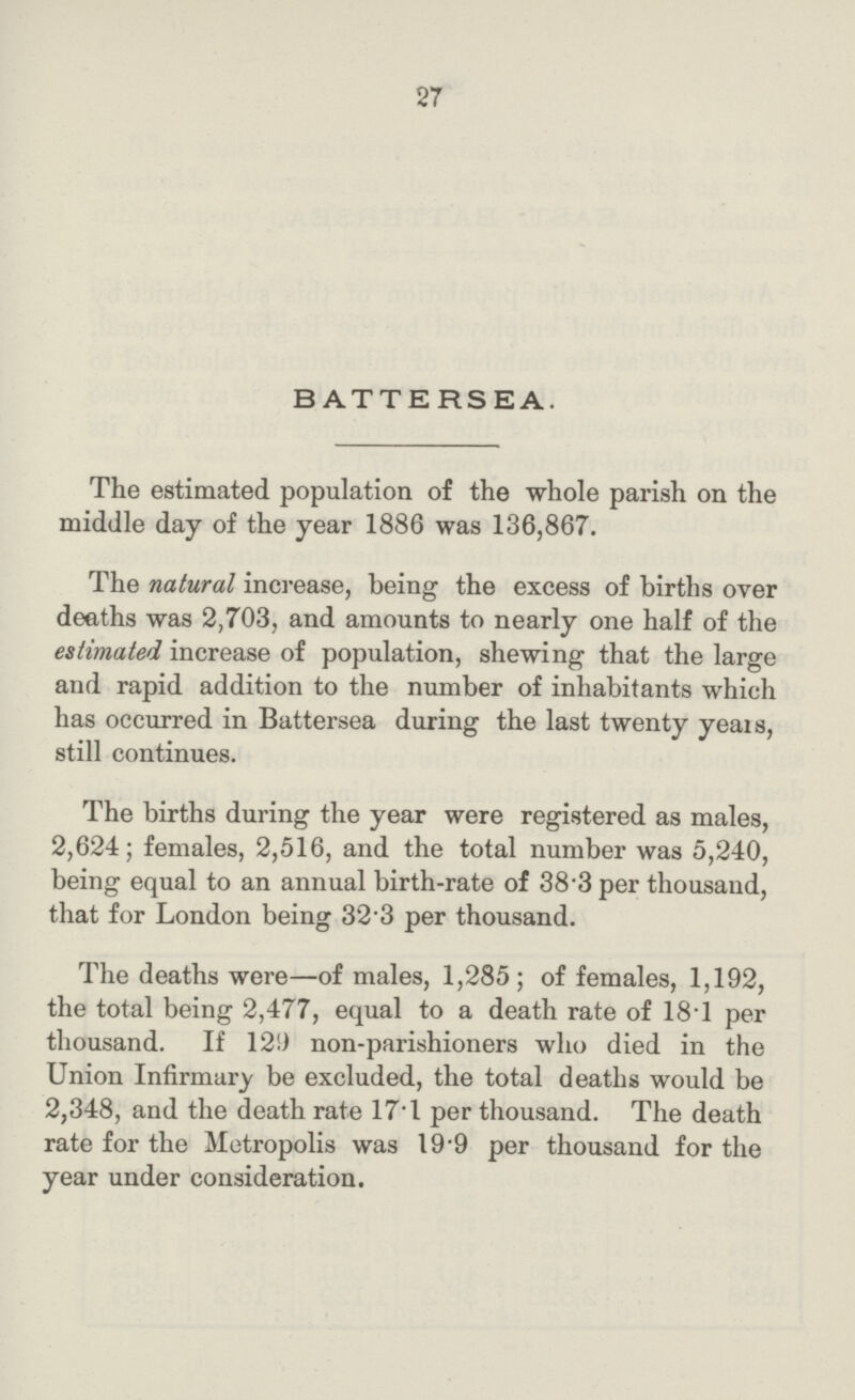 27 BATTERSEA. The estimated population of the whole parish on the middle day of the year 1886 was 136,867. The natural increase, being the excess of births over deaths was 2,703, and amounts to nearly one half of the estimated increase of population, shewing that the large and rapid addition to the number of inhabitants which has occurred in Battersea during the last twenty years, still continues. The births during the year were registered as males, 2,624; females, 2,516, and the total number was 5,240, being equal to an annual birth-rate of 38.3 per thousand, that for London being 323 per thousand. The deaths were—of males, 1,285; of females, 1,192, the total being 2,477, equal to a death rate of 181 per thousand. If 129 non-parishioners who died in the Union Infirmary be excluded, the total deaths would be 2,348, and the death rate 17.1 per thousand. The death rate for the Metropolis was l9.9 per thousand for the year under consideration.