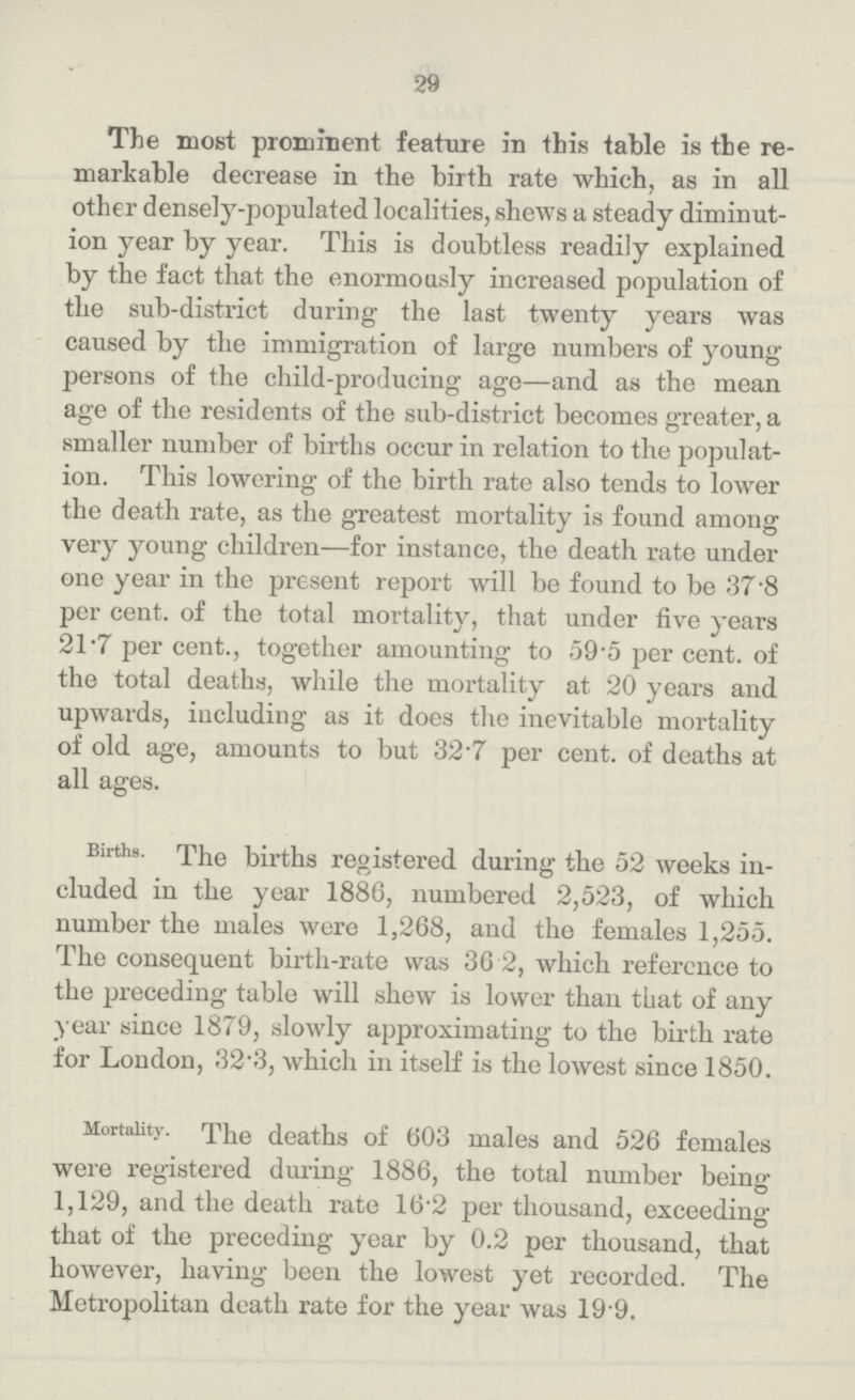 29 The most prominent feature in this table is the re markable decrease in the birth rate which, as in all other densely-populated localities, shews a steady diminut ion year by year. This is doubtless readily explained by the fact that the enormously increased population of the sub-district during the last twenty years was caused by the immigration of large numbers of young persons of the child-producing age—and as the mean age of the residents of the sub-district becomes greater, a smaller number of births occur in relation to the populat ion. This lowering of the birth rate also tends to lower the death rate, as the greatest mortality is found among very young children—for instance, the death rate under one year in the present report will be found to be 37.8 per cent. of the total mortality, that under five years 21.7 per cent., together amounting to 59.5 per cent. of the total deaths, while the mortality at 20 years and upwards, including as it does the inevitable mortality of old age, amounts to but 32.7 per cent. of deaths at all ages. Births. The births registered during the 52 weeks in cluded in the year 1886, numbered 2,523, of which number the males were 1,268, and the females 1,255. The consequent birth-rate was 36.2, which reference to the preceding table will shew is lower than that of any year since 1879, slowly approximating to the birth rate for London, 32.3, which in itself is the lowest since 1850. Mortality. The deaths of 603 males and 526 females were registered during 1886, the total number being 1,129, and the death rate 16.2 per thousand, exceeding that of the preceding year by 0.2 per thousand, that however, having been the lowest yet recorded. The Metropolitan death rate for the year was 19.9.