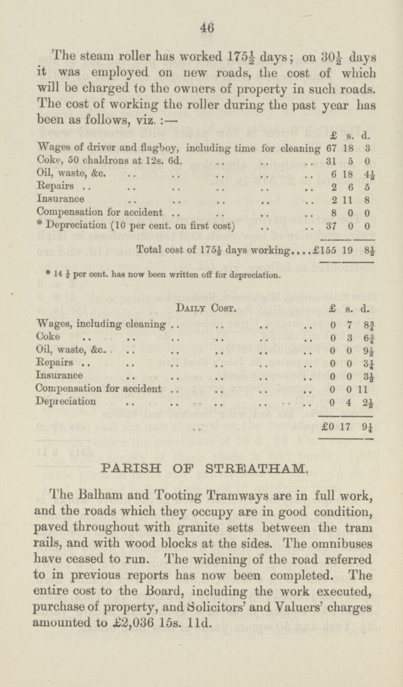 46 The steam roller has worked 175½ days; on 30½ days it was employed on new roads, the cost of which will be charged to the owners of property in such roads. The cost of working the roller during the past year has been as follows, viz.:— £ s. d. Wages of driver and flagboy, including time for cleaning 67 18 3 Coke, 50 chaldrons at 12s. 6d. 31 5 0 Oil, waste, &c. 6 18 4½ Repairs 2 6 5 Insurance 2 11 8 Compensation for accident 8 0 0 * Depreciation (10 per cent. on first cost) 37 0 0 Total cost of 175½ days working £155 19 8½ * 14 1/6 per cent. has now been written off for depreciation. Daily Cost. £ s. d. Wages, including cleaning 0 7 8¾ Coke 0 3 6¾ Oil, waste, &c. 0 0 9½ Repairs 0 0 3¼ Insurance 0 0 3½ Compensation for accident 0 0 11 Depreciation 0 4 2½ £0 17 9¼ PARISH OF STREATHAM. The Balham and Tooting Tramways are in full work, and the roads which they occupy are in good condition, paved throughout with granite setts between the tram rails, and with wood blocks at the sides. The omnibuses have ceased to run. The widening of the road referred to in previous reports has now been completed. The entire cost to the Board, including the work executed, purchase of property, and (Solicitors' and Valuers' charges amounted to .£2,036 15s. 11d.
