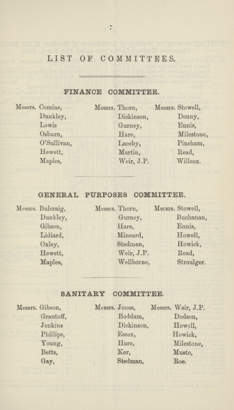 7 LIST OF COMMITTEES. FINANCE COMMITTEE. Messrs. Comins, Dunkley, Lewis Osburn, O'Sullivan, Hewett, Maples, Messrs. Thorn, Dickinson, Gurney, Hare, Laceby, Martin, Weir, J.P. Messrs. Stowell, Denny, Ennis, Milestone, Pincham, Read, Willcox. GENERAL PURPOSES COMMITTEE. M essrs. Bulcraig, Dunk ley, Gibson, Lidiard, Oxley, Hewett, Maples, Messrs. Thorn, Gurney, Hare, Mineard, Stedtnan, Weir, J.P. Wellborne, Messrs. Stowell, Buchanan, Ennis, Howell, Howick, Read, Stroulger. SANITARY COMMITTEE. Messrs. Gibson, Grautoff, Jenkins Phillips, Young, Betts, Gay, Messrs. Jones, Boddam, Dickinson, Essex, Hare, Ker, Stedman. Messrs. Weir, J.P. Dodson, Howell, Howick, Milestone, Musto, Roe.
