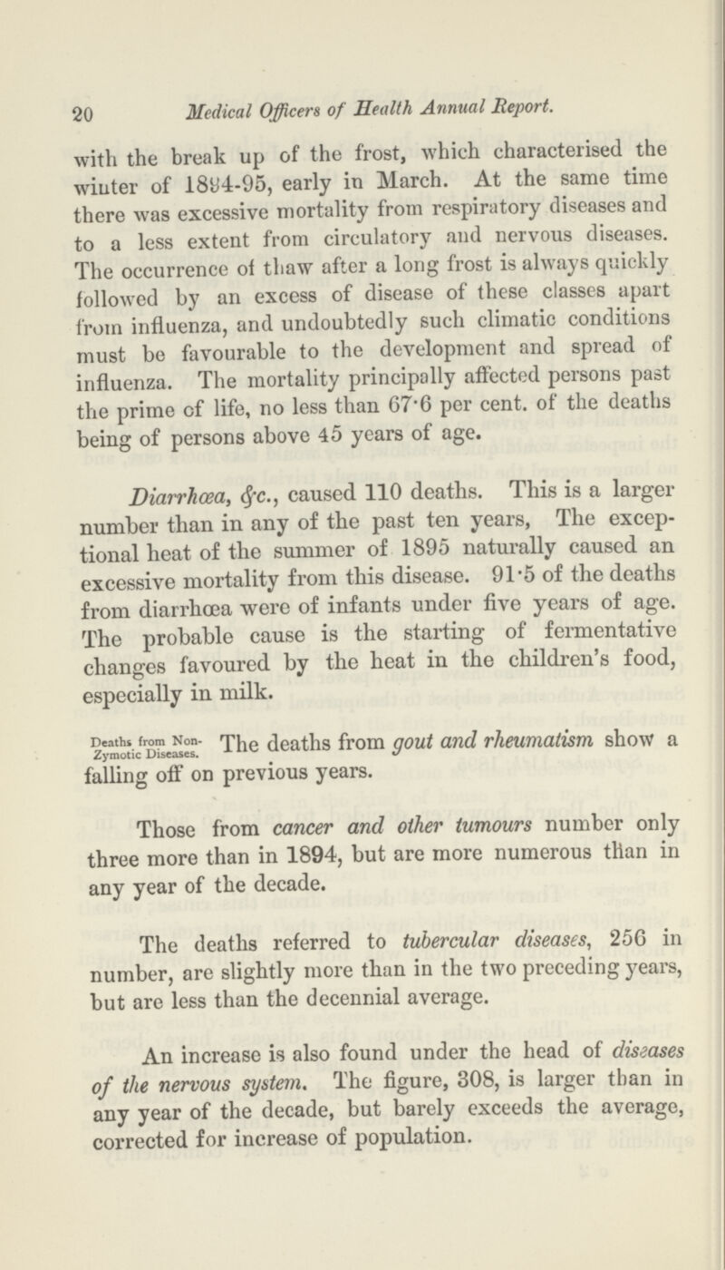 20 Medical Officers of Health Annual Report. with the break up of the frost, which characterised the winter of 1894-95, early in March. At the same time there was excessive mortality from respiratory diseases and to a less extent from circulatory and nervous diseases. The occurrence of thaw after a long frost is always quickly followed by an excess of disease of these classes apart from influenza, and undoubtedly such climatic conditions must be favourable to the development and spread of influenza. The mortality principally affected persons past the prime of life, no less than 67.6 per cent. of the deaths being of persons above 45 years of age. Diarrhœa, &c., caused 110 deaths. This is a larger number than in any of the past ten years, The excep tional heat of the summer of 1895 naturally caused an excessive mortality from this disease. 91.5 of the deaths from diarrhoea were of infants under five years of age. The probable cause is the starting of fermentative changes favoured by the heat in the children's food, especially in milk. Deaths from Non Zymotic Diseases. The deaths from gout and rheumatism show a falling off on previous years. Those from cancer and other tumours number only three more than in 1894, but are more numerous than in any year of the decade. The deaths referred to tubercular diseases, 256 in number, are slightly more than in the two preceding years, but are less than the decennial average. An increase is also found under the head of diseases of the nervous system. The figure, 308, is larger than in any year of the decade, but barely exceeds the average, corrected for increase of population.