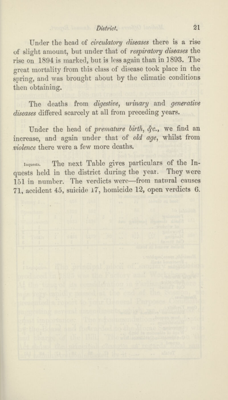 21 District. Under the head of circulatory diseases there is a rise of slight amount, but under that of respiratory diseases the rise on 1894 is marked, but is less again than in 1893. The great mortality from this class of disease took place in the spring, and was brought about by the climatic conditions then obtaining. The deaths from digestive, urinary and generative diseases differed scarcely at all from preceding years. Under the head of premature birth, &c., we find an increase, and again under that of old age, whilst from violence there were a few more deaths. Inquests. The next Table gives particulars of the In quests held in the district during the year. They were 151 in number. The verdicts were—from natural causes 71, accident 45, suicide 17, homicide 12, open verdicts 6.