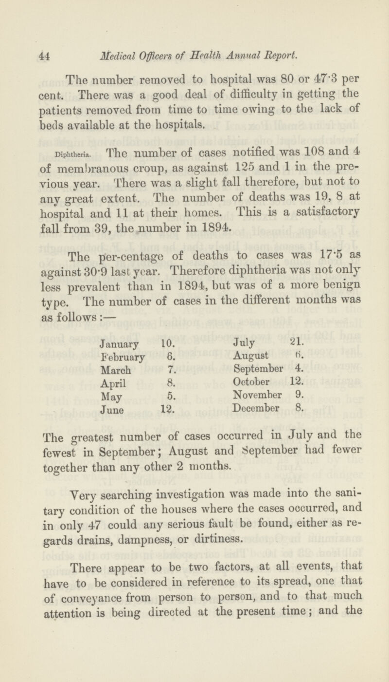 44 Medical Officers of Health Annual Report. The number removed to hospital was 80 or 47.3 per cent. There was a good deal of difficulty in getting the patients removed from time to time owing to the lack of beds available at the hospitals. Diphtheria. The number of cases notified was 108 and 4 of membranous croup, as against 125 and 1 in the pre vious year. There was a slight fall therefore, but not to any great extent. The number of deaths was 19, 8 at hospital and 11 at their homes. This is a satisfactory fall from 39, the number in 1894. The per-centage of deaths to cases was 17.5 as against 30.9 last year. Therefore diphtheria was not only less prevalent than in 1894, but was of a more benign type. The number of cases in the different months was as follows:— January 10. July 21. February 6. August 6. March 7. September 4. April 8. October 12. May 5. November 9. June 12. December 8. The greatest number of cases occurred in July and the fewest in September; August and September had fewer together than any other 2 months. Very searching investigation was made into the sani tary condition of the houses where the cases occurred, and in only 47 could any serious fault be found, either as re gards drains, dampness, or dirtiness. There appear to be two factors, at all events, that have to be considered in reference to its spread, one that of conveyance from person to person, and to that much attention is being directed at the present time; and the