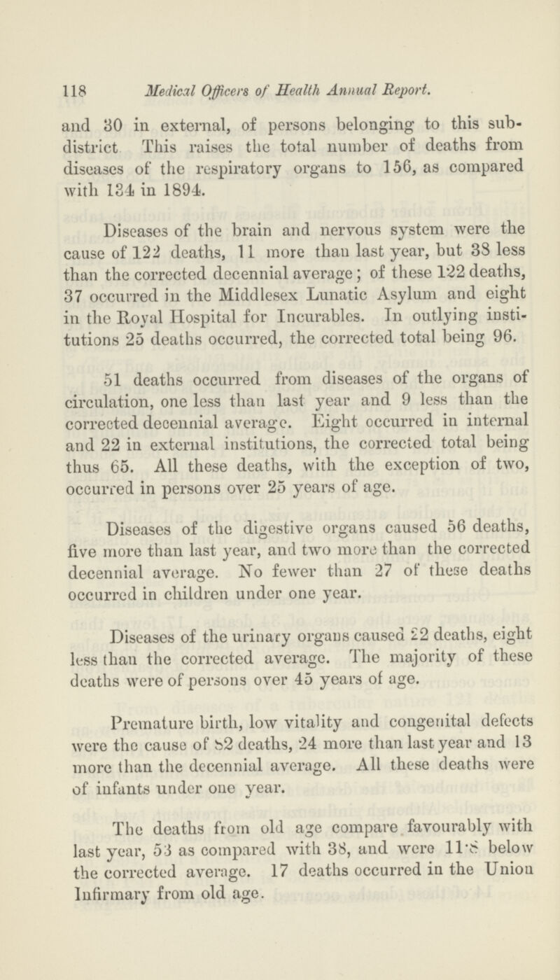118 Medical Officers of Health Annual Report. and 30 in external, of persons belonging to this sub district This raises the total number of deaths from diseases of the respiratory organs to 156, as compared with 134 in 1894. Diseases of the brain and nervous system were the cause of 122 deaths, 11 more than last year, but 38 less than the corrected decennial average; of these 1.22 deaths, 37 occurred in the Middlesex Lunatic Asylum and eight in the Royal Hospital for Incurables. In outlying insti tutions 25 deaths occurred, the corrected total being 96. 51 deaths occurred from diseases of the organs of circulation, one less than last year and 9 less than the corrected decennial average. Eight occurred in internal and 22 in external institutions, the corrected total being thus 65. All these deaths, with the exception of two, occurred in persons over 25 years of age. Diseases of the digestive organs caused 56 deaths, five more than last year, and two more than the corrected decennial average. No fewer than 27 of these deaths occurred in children under one year. Diseases of the urinary organs caused 22 deaths, eight less than the corrected average. The majority of these deaths were of persons over 45 years of age. Premature birth, low vitality and congenital defects were the cause of 82 deaths, 24 more than last year and 13 more than the decennial average. All these deaths were of infants under one year. The deaths from old age compare favourably with last year, 53 as compared with 38, and were 11.8 below the corrected average. 17 deaths occurred in the Union Infirmary from old age.