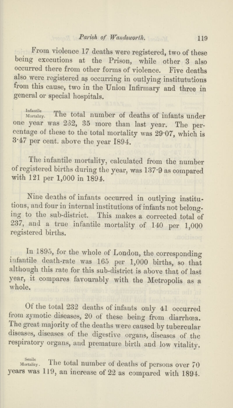 119 Parish of Wandsworth. From violence 17 deaths were registered, two of these being executions at the Prison, while other 3 also occurred there from other forms of violence. Five deaths also were registered as occurring in outlying institututions from this cause, two in the Union Infirmary and three in general or special hospitals. Infantile Mortality. The total number of deaths of infants under one year was 232, 35 more than last year. The per centage of these to the total mortality was 29.07, which is 3.47 per cent. above the year 1894. The infantile mortality, calculated from the number of registered births during the year, was 137.9 as compared with 121 per 1,000 in 1894. Nine deaths of infants occurred in outlying institu tions, and four in internal institutions of infants not belong ing to the sub-district. This makes a corrected total of 237, and a true infantile mortality of 140 per 1,000 registered births. In 1895, for the whole of London, the corresponding infantile death-rate was 165 per 1,000 births, so that although this rate for this sub-district is above that of last year, it compares favourably with the Metropolis as a whole. Of the total 232 deaths of infants only 41 occurred from zymotic diseases, 20 of these being from diarrhoea. The great majority of the deaths were caused by tubercular diseases, diseases of the digestive organs, diseases of the respiratory organs, and premature birth and low vitality. Senile Mortality. The total number of deaths of persons over 70 years was 119, an increase of 22 as compared with 1894.