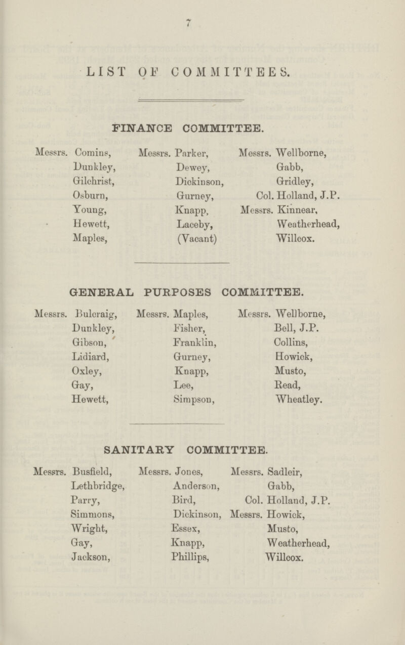 7 LIST Of COMMITTEES. FINANCE COMMITTEE. Messrs. Com ins, Messrs. Parker, Messrs. Wellborne, Dunkley, Dewey, Gabb, Gilchrist, Dickinson, Gridley, Osburn, Gurney, Col. Holland, J.P. Young, Knapp, Messrs. Kinnear, Hewett, Laceby, Weatherhead, Maples, (Vacant) Willcox. GENERAL PURPOSES COMMITTEE. SANITARY COMMITTEE. Messrs. Busfield, Lethbridge, Parry, Simmons, Wright, Gay, Jackson, Messrs. Bulcraig, Dunkley, Gibson, Lidiard, Oxley, Gay, Hewett, Messrs. Maples, Fisher, Franklin, Gurney, Knapp, Lee, Simpson, Messrs. Well borne, Bell, J.P. Collins, Howick, Musto, Read, Wheatley. Messrs. Jones, Anderson, Bird, Dickinson, Essex, Knapp, Phillips, Messrs. Sadleir, Gabb, Col. Holland, J.P. Messrs. Howick, Musto, Weatherhead, Willcox.