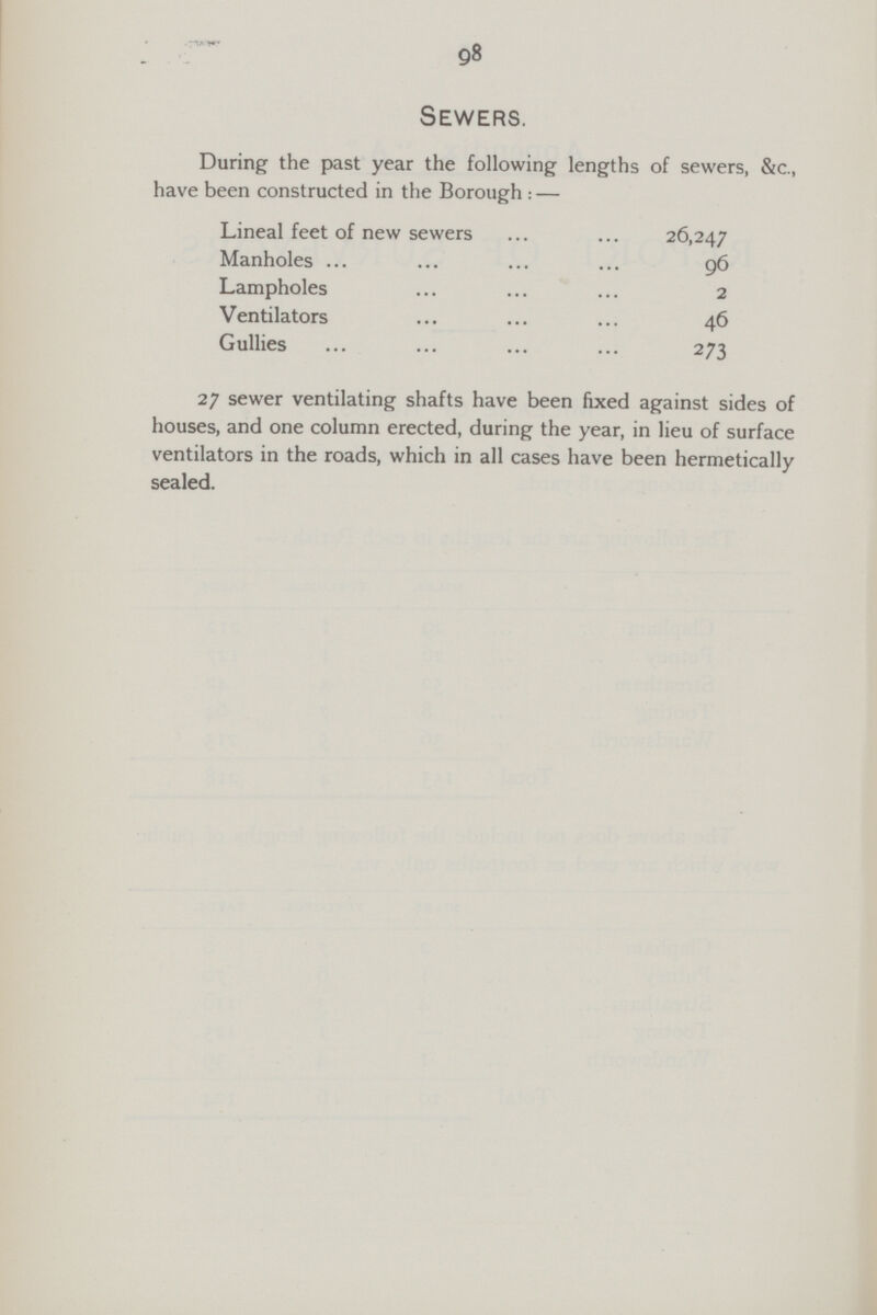 98 Sewers. During the past year the following lengths of sewers, &c., have been constructed in the Borough:— Lineal feet of new sewers 26,247 Manholes 96 Lampholes 2 Ventilators 46 Gullies 273 sewer ventilating shafts have been fixed against sides of houses, and one column erected, during the year, in lieu of surface ventilators in the roads, which in all cases have been hermetically sealed.