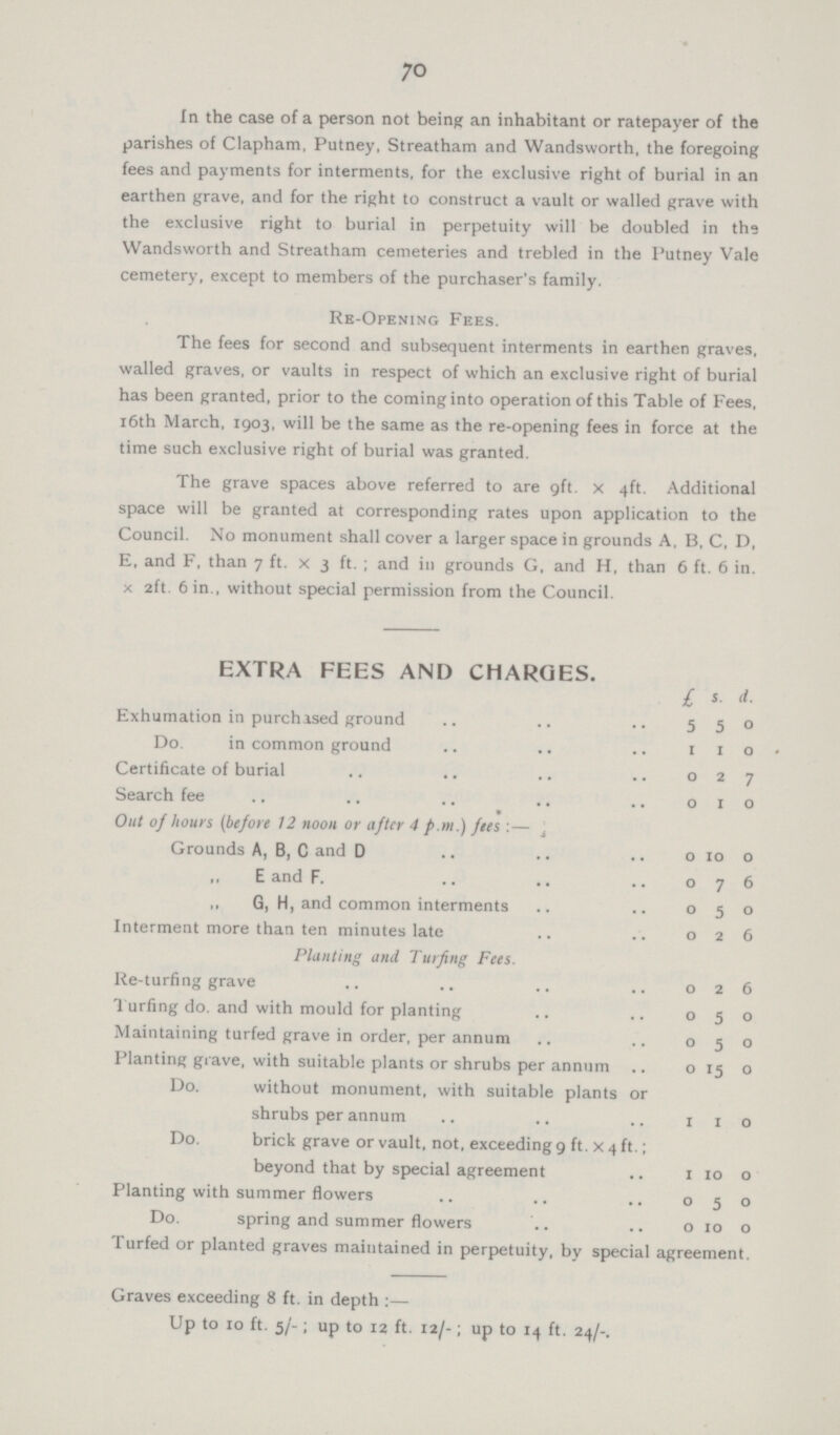 70 In the case of a person not being an inhabitant or ratepayer of the parishes of Clapham, Putney, Streatham and Wandsworth, the foregoing fees and payments for interments, for the exclusive right of burial in an earthen grave, and for the right to construct a vault or walled grave with the exclusive right to burial in perpetuity will be doubled in the Wandsworth and Streatham cemeteries and trebled in the Putney Vale cemetery, except to members of the purchaser's family. Re-Opening Fees. The fees for second and subsequent interments in earthen graves, walled graves, or vaults in respect of which an exclusive right of burial has been granted, prior to the coming into operation of this Table of Fees, 16th March, 1903, will be the same as the re-opening fees in force at the time such exclusive right of burial was granted. The grave spaces above referred to are 9ft. x 4ft. Additional space will be granted at corresponding rates upon application to the Council. No monument shall cover a larger space in grounds A, B, C, D, E, and F, than 7 ft. x 3 ft. ; and in grounds G, and H, than 6 ft. 6 in. x 2ft. 6 in., without special permission from the Council. EXTRA FEES AND CHARGES. £ s. d. Exhumation in purchased ground 5 5 0 Do. in common ground 1 1 0 Certificate of burial 0 2 7 Search fee 0 1 0 Out of hours (before 12 noon or after 4 p.m.) fees:— Grounds A, B, C and D 0 10 0 „ E and F. 0 7 6 „ G, H, and common interments 0 5 0 Interment more than ten minutes late 0 2 6 Planting and Turfing Fees. Re-turfing grave 0 2 6 Turfing do. and with mould for planting 0 5 0 Maintaining turfed grave in order, per annum 0 5 0 Planting grave, with suitable plants or shrubs per annum 0 15 0 Do. without monument, with suitable plants or shrubs per annum 1 1 0 Do. brick grave or vault, not, exceeding 9 ft. x 4 ft.; beyond that by special agreement 1 10 0 Planting with summer flowers 0 5 0 Do. spring and summer flowers 0 10 0 Turfed or planted graves maintained in perpetuity, by special agreement. Graves exceeding 8 ft. in depth :— Up to 10 ft. 5/-; up to it ft. 12/-; up to 14 ft. 24/-.