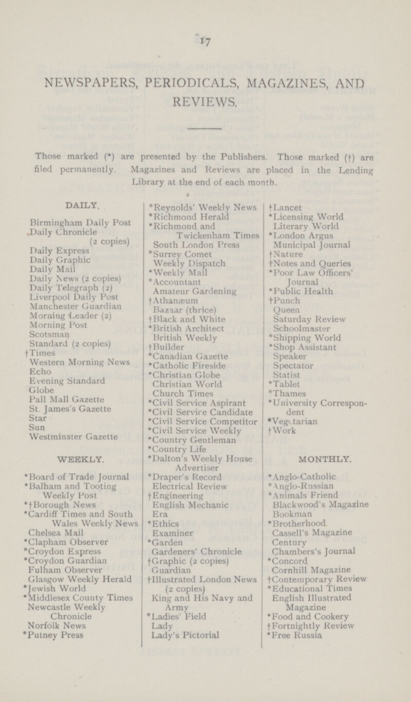 17 NEWSPAPERS, PERIODICALS, MAGAZINES, AND REVIEWS. Those marked (*) are presented by the Publishers. Those marked (†) are filed permanently. Magazines and Reviews are placed in the Lending Library at the end of each month. DAILY. *Reynolds' Weekly News †Lancet Birmingham Daily Post *Richmond Herald *Licensing World *Richmond and Twickenham Times Literary World Daily Chronicle (2 copies) *London Argus South London Press Municipal Journal Daily Express *Surrey Comet †Nature Daily Graphic Weekly Dispatch †Notes and Queries Daily Mail *Weekly Mail *Poor Law Officers' Journal Daily News (2 copies) *Accountant Daily Telegraph (2) Amateur Gardening *Public Health Liverpool Daily Post †Athanaeum †Punch Manchester Guardian Bazaar (thrice) Queen Morning Leader (2) †Black and White Saturday Review Morning Post *British Architect Schoolmaster Scotsman British Weekly *Shipping World Standard (2 copies) †Builder *Shop Assistant †Times *Canadian Gazette Speaker Western Morning News *Catholic Fireside Spectator Echo *Christian Globe Statist Evening standard Christian World *Tablet Globe Church Times *Thames Pall Mall Gazette *Civil Service Aspirant *University Correspon dent St. James's Gazette *Civil Service Candidate Star *Civil Service Competitor *Vegetarian Sun *Civil Service Weekly †Work Westminster Gazette *Country Gentleman *Country Life WEEKLY. *Dalton's Weekly House Advertiser MONTHLY. *Board of Trade Journal *Draper's Record * Anglo-Catholic *Balham and Tooting Weekly Post Electrical Review *Anglo-Russian †Engineering *Animals Friend *†Borough News English Mechanic Blackwood's Magazine *Cardiff Times and South Wales Weekly News Era Bookman *Ethics * Brotherhood Chelsea Mail Examiner Cassell's Magazine *Clapham Observer *Garden Century *Croydon Express Gardeners' Chronicle Chambers's Journal *Croydon Guardian †Graphic (2 copies) *Concord Fulham Observer Guardian Cornhill Magazine Glasgow Weekly Herald †Illustrated London News (2 copies) †Contemporary Review *Jewish World *Educational Times *Middlesex County Times King and His Navy and Army English Illustrated Magazine Newcastle Weekly Chronicle *Ladies' Field *Food and Cookery Norfolk News Lady †Fortnightly Review *Putney Press Lady's Pictorial *Free Russia