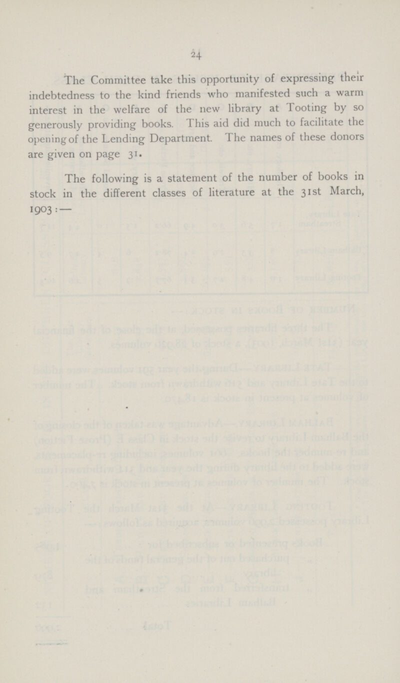 24 The Committee take this opportunity of expressing their indebtedness to the kind friends who manifested such a warm interest in the welfare of the new library at Tooting by so generously providing books. This aid did much to facilitate the opening of the Lending Department. The names of these donors are given on page 31. The following is a statement of the number of books in stock in the different classes of literature at the 31st March, 1903:—