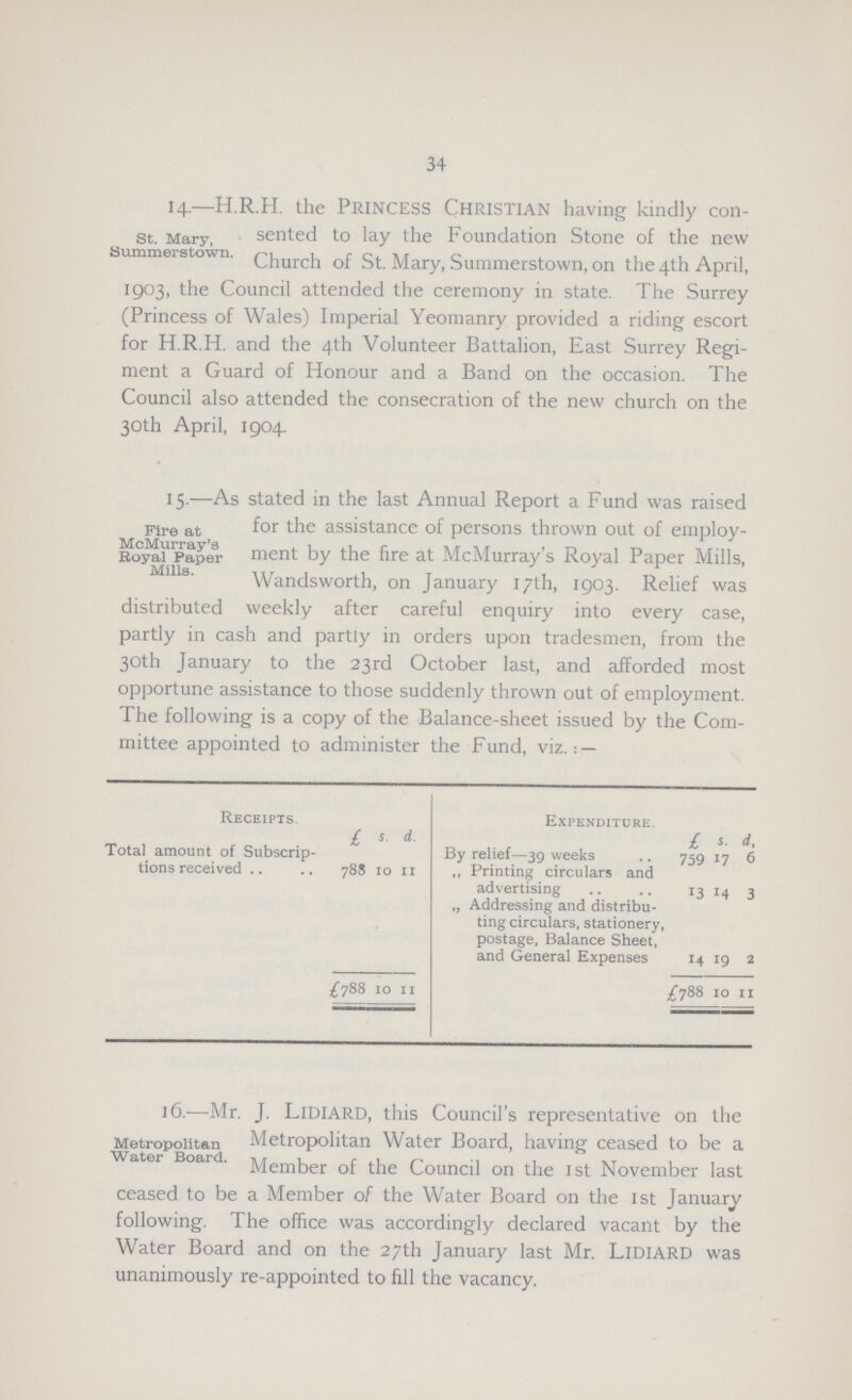 34 St. Mary, Summerstown. 14.—H.R.H. the Princess Christian having kindly con sented to lay the Foundation Stone of the new Church of St. Mary, Summerstown, on the 4th April, 1903, the Council attended the ceremony in state. The Surrey (Princess of Wales) Imperial Yeomanry provided a riding escort for H.R.H. and the 4th Volunteer Battalion, East Surrey Regi ment a Guard of Honour and a Band on the occasion. The Council also attended the consecration of the new church on the 30th April, 1904. Fire at McMurray's Royal Paper Mills. 15.—As stated in the last Annual Report a Fund was raised for the assistance of persons thrown out of employ ment by the fire at McMurray's Royal Paper Mills, Wandsworth, on January 17th, 1903. Relief was distributed weekly after careful enquiry into every case, partly in cash and partly in orders upon tradesmen, from the 30th January to the 23rd October last, and afforded most opportune assistance to those suddenly thrown out of employment. The following is a copy of the Balance-sheet issued by the Com mittee appointed to administer the Fund, viz.:— Receipts. £ s. d. Total amount of Subscrip tions received 788 10 11 £788 10 11 Expenditure. £ s. d. By relief—39 weeks 759 17 6 ,, Printing circulars and advertising 13 14 3 „ Addressing and distribu ting circulars, stationery, postage, Balance Sheet, and General Expenses 14 19 2 £788 10 11 Metropolitan Water Road. 16.—Mr. J. Lidiard, this Council's representative on the Metropolitan Water Board, having ceased to be a Member of the Council on the 1st November last ceased to be a Member of the Water Board on the 1st January following. The office was accordingly declared vacant by the Water Board and on the 27th January last Mr. Lidiard was unanimously re-appointed to fill the vacancy.