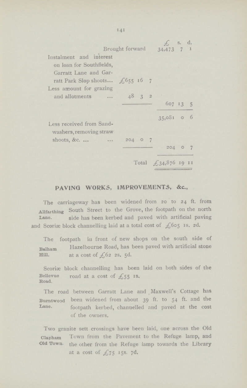 141 £ s. d. Brought forward 34,473 7 1 Instalment and interest on loan for Southfields, Garratt Lane and Gar ratt Park Slop shoots £655 l6 7 Less amount for grazing and allotments 48 3 2 607 13 5 35,081 0 6 Less received from Sand washers, removing straw shoots, &c. 204 0 7 204 0 7 Total £34,876 19 11 PAVING WORKS, IMPROVEMENTS, &c., Allfarthing Lane The carriageway has been widened from 20 to 24 ft. from South Street to the Grove, the footpath on the north side has been kerbed and paved with artificial paving and Scoriae block channelling laid at a total cost of £605 1s. 2d. Balham Hill. The footpath in front of new shops on the south side of Hazelbourne Road, has been paved with artificial stone at a cost of £62 2s. 5d. Bellevue Road Scoriae block channelling has been laid on both sides of the road at a cost of £55 1s. Burntwood Lane. The road between Garratt Lane and Maxwell's Cottage has been widened from about 39 ft. to 54 ft. and the footpath kerbed, channelled and paved at the cost of the owners. Clapham Old Town, Two granite sett crossings have been laid, one across the Old Town from the Pavement to the Refuge lamp, and the other from the Refuge lamp towards the Library at a cost of £75 15s. 7d.