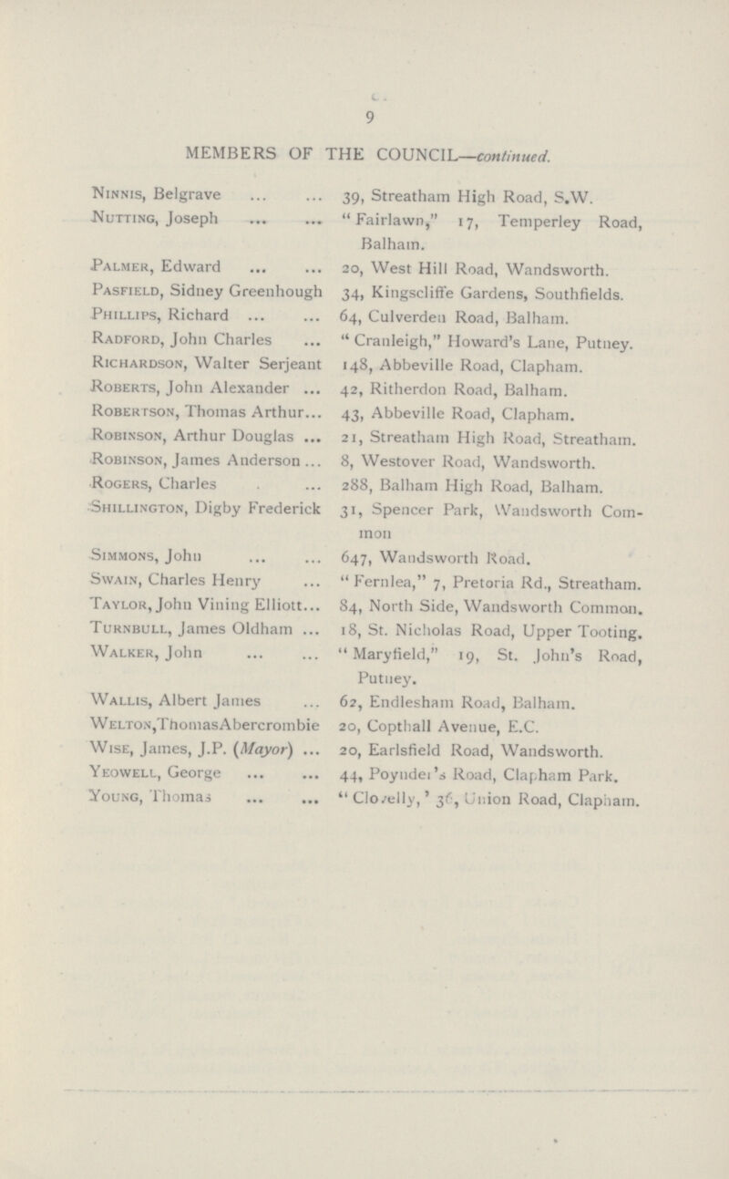 9 MEMBERS OF THE COUNCIL—continued. Ninnis, Belgrave 39, Streatham High Road, S.W. Nutting, Joseph  Fairlawn, 17, Temperley Road, Balhain. Palmer, Edward 20, West Hill Road, Wandsworth. Pasfield, Sidney Greenhough 34, Kingscliffe Gardens, Southfields. Phillips, Richard 64, Culverden Road, Balhain. Radford, John Charles  Cranleigh, Howard's Lane, Putney. Richardson, Walter Serjeant 148, Abbeville Road, Clapham. Roberts, John Alexander 42, Ritherdon Road, Balham. Robertson, Thomas Arthur 43, Abbeville Road, Clapham. Robinson, Arthur Douglas 21, Streatham High Road, Streatham. Robinson, James Anderson 8, Westover Road, Wandsworth. Rogers, Charles 288, Balham High Road, Balham. Shillington, Digby Frederick 31, Spencer Park, Wandsworth Com mon Simmons, John 647, Wandsworth Road. Swain, Charles Henry  Fernlea, 7, Pretoria Rd., Streatham. Taylor, John Vining Elliott 84, North Side, Wandsworth Common. Turnbull, James Oldham 18, St. Nicholas Road, Upper Tooting. Walker, John  Maryfield, 19, St. John's Road, Putney. Wallis, Albert James 62, Endlesham Road, Balham. welton,ThomasAbercrombie 20, Copthall Avenue, E.C. Wise, James, J.P. (Mayor) 20, Earlsfield Road, Wandsworth. Yeowell, George 44, Poyndei'd Road, Clapham Park. Young, Thomas Clovelly,' 36, Union Road, Clapham.