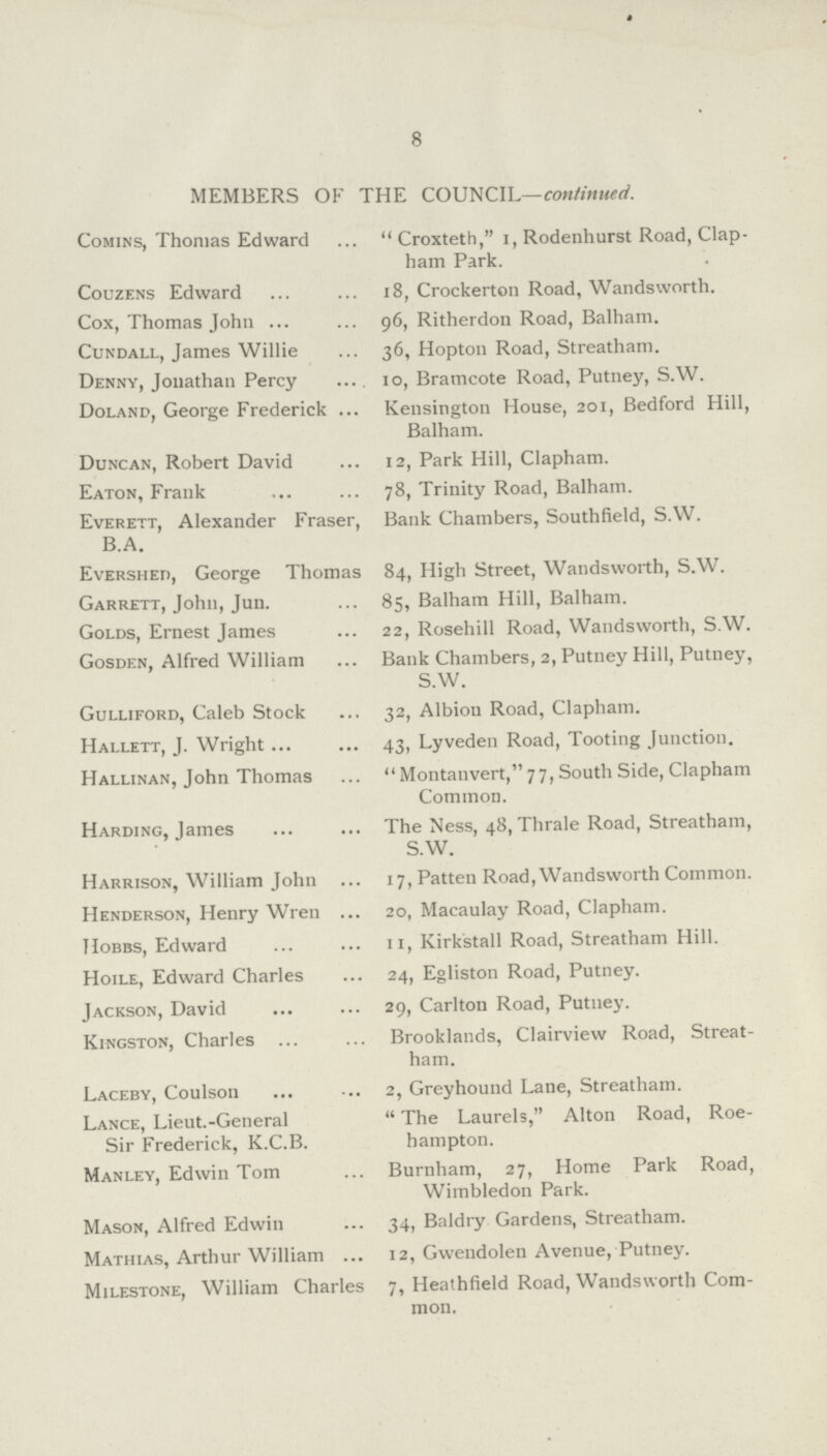 8 MEMBERS OF THE COUNCIL—continued. Comins, Thomas Edward Croxteth, I, Rodenhurst Road, Clap ham Park. Couzens Edward 18, Crockerton Road, Wandsworth. Cox, Thomas John 96, Ritherdon Road, Balham. Cundall, James Willie 36, Hopton Road, Streatham. Denny, Jonathan Percy 10, Bramcote Road, Putney, S.W. Doland, George Frederick Kensington House, 201, Bedford Hill, Balham. Duncan, Robert David 12, Park Hill, Clapham. Eaton, Frank 78, Trinity Road, Balham. Everett, Alexander Fraser, Bank Chambers, Southfield, S.W. B.A. Evershed, George Thomas 84, High Street, Wandsworth, S.W. Garrett, John, Jun. 85, Balham Hill, Balham. Golds, Ernest James 22, Rosehill Road, Wandsworth, SW. Gosden, Alfred William Bank Chambers, 2, Putney Hill, Putney, S.W. Gulliford, Caleb Stock 32, Albion Road, Clapham. Hallett, J. Wright 43, Lyveden Road, Tooting Junction. Hallinan, John Thomas Montanvert,77, South Side, Clapham Common. Harding, James The Ness, 48, Thrale Road, Streatham, S.W. Harrison, William John 17, Patten Road, Wandsworth Common. Henderson, Henry Wren 20, Macaulay Road, Clapham. Hobbs, Edward 11, Kirkstall Road, Streatham Hill. Hoile, Edward Charles 24, Egliston Road, Putney. Jackson, David 29, Carlton Road, Putney. Kingston, Charles Brooklands, Clairview Road, Streat ham. Laceby, Coulson 2, Greyhound Lane, Streatham. Lance, Lieut.-General  The Laurels, Alton Road, Roe- Sir Frederick, K.C.B. hampton. Manley, Edwin Tom Burnham, 27, Home Park Road, Wimbledon Park. Mason, Alfred Edwin 34, Baldry Gardens, Streatham. Mathias, Arthur William 12, Gwendolen Avenue, Putney. Milestone, William Charles 7, Heathfield Road, Wandsworth Com mon.