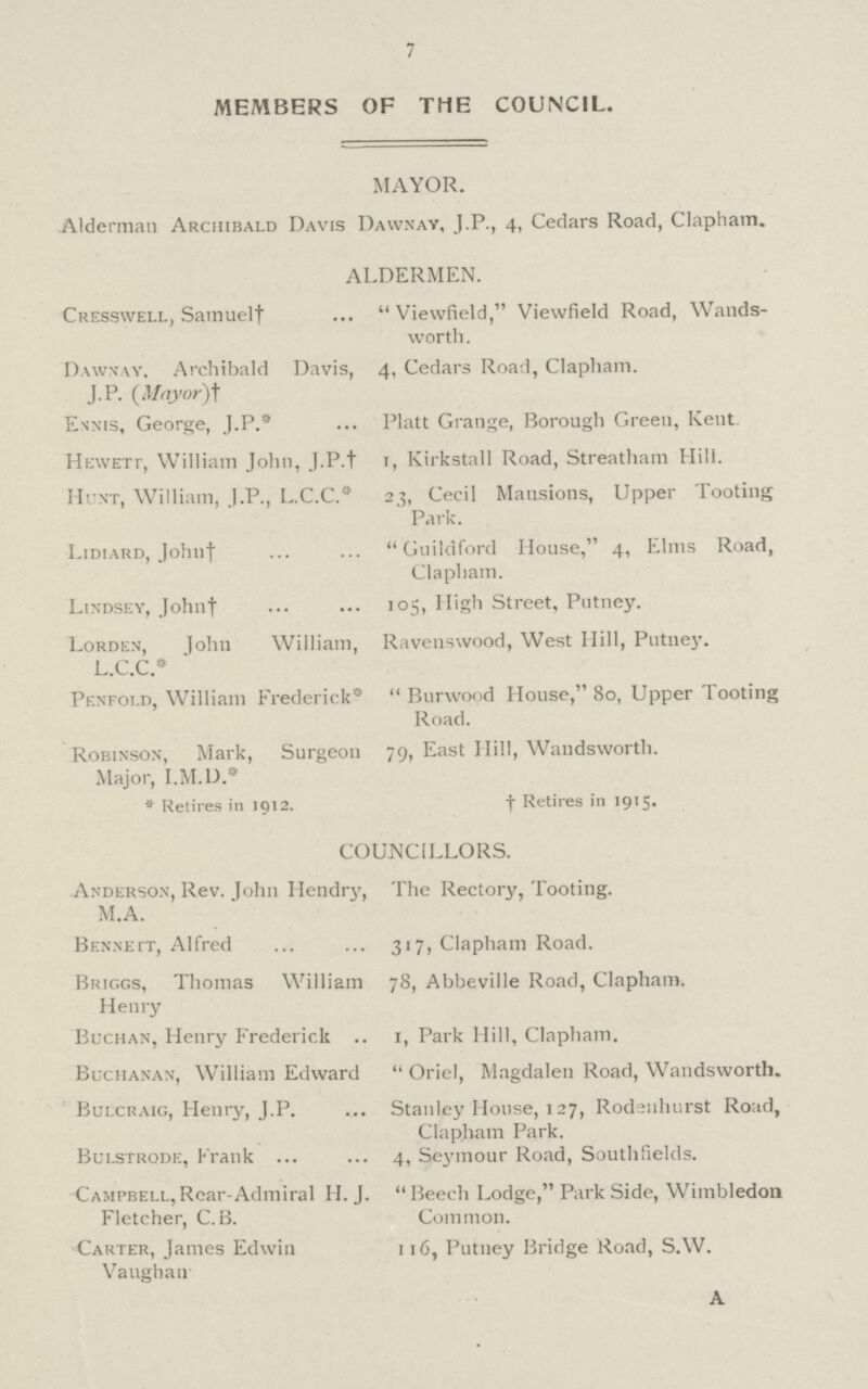7 MEMBERS OF THE COUNCIL. MAYOR. Alderman Archibald Davis Dawnay, J.P., 4, Cedars Road, Clapham. ALDERMEN. Cresswell, Samuelf Viewfield, Viewfield Road, Wands¬ worth. Dawnay. Archibald Davis, 4, Cedars Road, Clapliam. J.P. {Mayor)t Ennis, George, J.P.* Piatt Grange, Borough Green, Kent Hewett, William John, J.P.t x, Kirkstall Road, Streatham Hill. Hunt, William, J .P., L.C.C.* 23, Cecil Mansions, Upper Tooting ' Park. Lidiard, Johu† Guildford House, 4, Elms Road, Clapham. Lindsey, John† 105, High Street, Putney. Lorden, John William, Ravenswood, West Hill, Putney. L.C.C.9 Penfold, William Frederick* Burwood House, 80, Upper Tooting Road. Robinson, Mark, Surgeon 79, East Hill, Wandsworth. Major, I.M.D.* * Retires in 1912. †Retires in 1915. COUNCILLORS. Anderson, Rev. John Hendry, The Rectory, Tooting. M.A. Bennett, Alfred 317, Clapham Road. Briggs, Thomas William 78, Abbeville Road, Clapham. Henry Buchan, Henry Frederick 1, Park Hill, Clapham. Buchanan, William Edward Oriel, Magdalen Road, Wandsworth. Bulcraig, Henry, J.P. Stanley House, 127, Rodenhurst Road, Clapham Park. Bulstrode, Frank 4, Seymour Road, Southfields. Campbell,Rear-Admiral H. J. Beech Lodge, Park Side, Wimbledon Fletcher, C.B. Common. Carter, James Edwin 1 16, Putney Bridge Road, S.W. Vaughati A