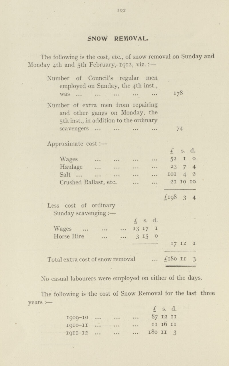 102 SNOW REMOVAL. The following is the cost, etc., of snow removal on Sunday and Monday 4th and 5th February, 1912, viz.:— Number of Council's regular men employed on Sunday, the 4th inst., was 178 Number of extra men from repairing and other gangs on Monday, the 5th inst., in addition to the ordinary scavengers 74 Approximate cost:— £ s. d. Wages 52 1 0 Haulage 23 7 4 Salt 101 4 2 Crushed Ballast, etc. 21 10 10 £198 3 4 Less cost of ordinary Sunday scavenging:— £ s. d. Wages 13 17 1 Horse Hire 3 15 0 17 12 1 Total extra cost of snow removal £180 11 3 No casual labourers were employed on either of the days. The following is the cost of Snow Removal for the last three years:— £ s. d. 1909-10 87 12 11 1910-11 11 l6 11 1911-12 180 11 3