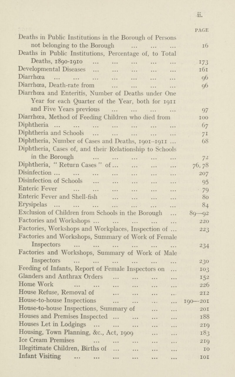 ii. PAGE Deaths in Public Institutions in the Borough of Persons not belonging to the Borough 16 Deaths in Public Institutions, Percentage of, to Total Deaths, 1890-1910 173 Developmental Diseases 161 Diarrhœa 96 Diarrhoea, Death-rate from 96 Diarrhoea and Enteritis, Number of Deaths under One Year for each Quarter of the Year, both for 1911 and Five Years previous 97 Diarrhoea, Method of Feeding Children who died from 100 Diphtheria 67 Diphtheria and Schools 71 Diphtheria, Number of Cases and Deaths, 1901-1911 68 Diphtheria, Cases of, and their Relationship to Schools in the Borough 72 Diphtheria, Return Casesof 76,78 Disinfection 207 Disinfection of Schools 95 Enteric Fever 79 Enteric Fever and Shell-fish 80 Erysipelas 84 Exclusion of Children from Schools in the Borough 89—92 Factories and Workshops 220 Factories, Workshops and Workplaces, Inspection of 223 Factories and Workshops, Summary of Work of Female Inspectors 234 Factories and Workshops, Summary of Work of Male Inspectors 230 Feeding of Infants, Report of Female Inspectors on 103 Glanders and Anthrax Orders 152 Home Work 226 House Refuse, Removal of 212 House-to-house Inspections 190—201 House-to-house Inspections, Summary of 201 Houses and Premises Inspected 188 Houses Let in Lodgings 219 Housing, Town Planning, &c., Act, 1909 183 Ice Cream Premises 219 Illegitimate Children, Births of 10 Infant Visiting 101