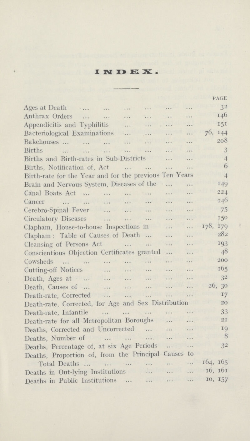 INDEX. page Ages at Death 32 Anthrax Orders 146 Appendicitis and Typhilitis 151 Bacteriological Examinations 76, 144 Bakehouses 208 Births 3 Births and Birth-rates in Sub-Districts 4 Births, Notification of, Act 6 Birth-rate for the Year and for the previous Ten Years 4 Brain and Nervous System, Diseases of the 149 Canal Boats Act 224 Cancer 146 Cerebro-Spinal Fever 75 Circulatory Diseases 150 Clapham, House-to-house Inspections in 178, 179 Clapham : Table of Causes of Death 282 Cleansing of Persons Act 193 Conscientious Objection Certificates granted 48 Cowsheds 200 Cutting-off Notices 165 Death, Ages at 32 Death, Causes of 26, 30 Death-rate, Corrected 17 Death-rate, Corrected, for Age and Sex Distribution 20 Death-rate, Infantile 33 Death-rate for all Metropolitan Boroughs 21 Deaths, Corrected and Uncorrected 19 Deaths, Number of 8 Deaths, Percentage of, at six Age Periods 32 Deaths, Proportion of, from the Principal Causes to Total Deaths 164, 165 Deaths in Out-lying Institutions 16, 161 Deaths in Public Institutions 10, 157