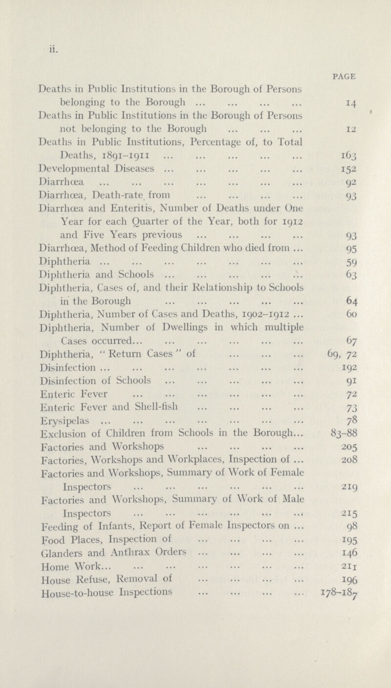 ii. PAGE Deaths in Public Institutions in the Borough of Persons belonging to the Borough 14 Deaths in Public Institutions in the Borough of Persons not belonging to the Borough 12 Deaths in Public Institutions, Percentage of, to Total Deaths, 1891-1911 163 Developmental Diseases 152 Diarrhœa 92 Diarrhœa, Death-rate from 93 Diarrhoea and Enteritis, Number of Deaths under One Year for each Quarter of the Year, both for 1912 and Five Years previous 93 Diarrhoea, Method of Feeding Children who died from 95 Diphtheria 59 Diphtheria and Schools 63 Diphtheria, Cases of, and their Relationship to Schools in the Borough 64 Diphtheria, Number of Cases and Deaths, 1902-1912 60 Diphtheria, Number of Dwellings in which multiple Cases occurred 67 Diphtheria,  Return Cases of 69, 72 Disinfection 192 Disinfection of Schools 91 Enteric Fever 72 Enteric Fever and Shell-fish 73 Erysipelas 78 Exclusion of Children from Schools in the Borough 83-88 Factories and Workshops 205 Factories, Workshops and Workplaces, Inspection of 208 Factories and Workshops, Summary of Work of Female Inspectors 219 Factories and Workshops, Summary of Work of Male Inspectors 215 Feeding of Infants, Report of Female Inspectors on 98 Food Places, Inspection of 195 Glanders and Anthrax Orders 146 Home Work 211 House Refuse, Removal of 196 House-to-house Inspections 178-187