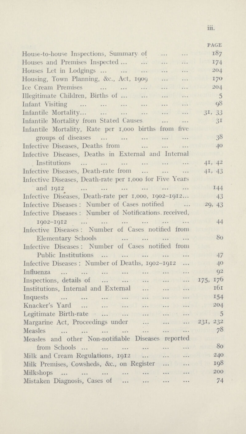 iii. PAGE House-to-house Inspections, Summary of 187 Houses and Premises Inspected 174 Houses Let in Lodgings 204 Housing, Town Planning, &c., Act, 1909 170 Ice Cream Premises 204 Illegitimate Children, Births of 5 Infant Visiting 98 Infantile Mortality 31, 33 Infantile Mortality from Stated Causes 31 Infantile Mortality, Kate per 1,000 births from five groups of diseases 38 Infective Diseases, Deaths from 40 Infective Diseases, Deaths in External and Internal Institutions 41, 42 Infective Diseases, Death-rate from 41, 43 Infective Diseases, Death-rate per 1,000 for Five Years and 1912 144 Infective Diseases, Death-rate per 1,000, 1902-1912 43 Infective Diseases: Number of Cases notified 29, 43 Infective Diseases: Number of Notifications, received, 1902-1912 44 Infective Diseases: Number of Cases notified from Elementary Schools 80 Infective Diseases: Number of Cases notified from Public Institutions 47 Infective Diseases: Number of Deaths, 1902-1912 40 Influenza 92 Inspections, details of 175, 176 Institutions, Internal and External 161 Inquests 154 Knacker's Yard 204 Legitimate Birth-rate 5 Margarine Act, Proceedings under 231, 232 Measles 78 Measles and other Non-notifiable Diseases reported from Schools 80 Milk and Cream Regulations, 1912 240 Milk Premises, Cowsheds, &c., on Register 198 Milkshops 200 Mistaken Diagnosis, Cases of 74