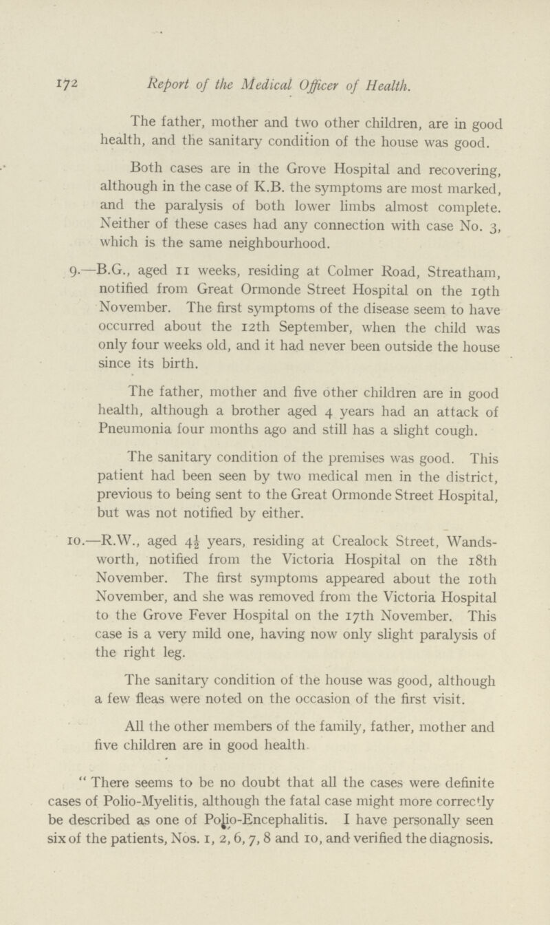 172 Report of the Medical Officer of Health. The father, mother and two other children, are in good health, and the sanitary condition of the house was good. Both cases are in the Grove Hospital and recovering, although in the case of K.B. the symptoms are most marked, and the paralysis of both lower limbs almost complete. Neither of these cases had any connection with case No. 3, which is the same neighbourhood. 9.—B.G., aged 11 weeks, residing at Colmer Road, Streatham, notified from Great Ormonde Street Hospital on the 19th November. The first symptoms of the disease seem to have occurred about the 12th September, when the child was only four weeks old, and it had never been outside the house since its birth. The father, mother and five other children are in good health, although a brother aged 4 years had an attack of Pneumonia four months ago and still has a slight cough. The sanitary condition of the premises was good. This patient had been seen by two medical men in the district, previous to being sent to the Great Ormonde Street Hospital, but was not notified by either. 10.—R.W., aged 4½ years, residing at Crealock Street, Wands worth, notified from the Victoria Hospital on the 18th November. The first symptoms appeared about the 10th November, and she was removed from the Victoria Hospital to the Grove Fever Hospital on the 17th November. This case is a very mild one, having now only slight paralysis of the right leg. The sanitary condition of the house was good, although a few fleas were noted on the occasion of the first visit. All the other members of the family, father, mother and five children are in good health There seems to be no doubt that all the cases were definite cases of Polio-Myelitis, although the fatal case might more correctly be described as one of Polio-Encephalitis. I have personally seen six of the patients, Nos. 1, 2, 6, 7, 8 and 10, and verified the diagnosis.