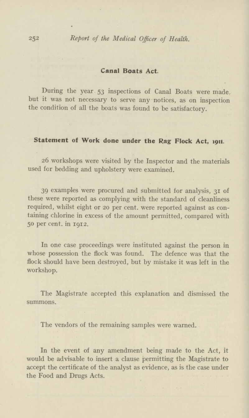 252 Report of the Medical Officer of Health. Canal Boats Act. During the year 53 inspections of Canal Boats were made, but it was not necessary to serve any notices, as on inspection the condition of all the boats was found to be satisfactory. Statement of Work done under the Rag Flock Act, 1911. 26 workshops were visited by the Inspector and the materials used for bedding and upholstery were examined. 39 examples were procured and submitted for analysis, 31 of these were reported as complying with the standard of cleanliness required, whilst eight or 20 per cent, were reported against as con taining chlorine in excess of the amount permitted, compared with 50 per cent, in 1912. In one case proceedings were instituted against the person in whose possession the flock was found. The defence was that the flock should have been destroyed, but by mistake it was left in the workshop. The Magistrate accepted this explanation and dismissed the summons. The vendors of the remaining samples were warned. In the event of any amendment being made to the Act, it would be advisable to insert a clause permitting the Magistrate to accept the certificate of the analyst as evidence, as is the case under the Food and Drugs Acts.