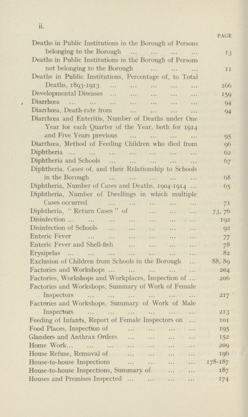 ii. page Deaths in Public Institutions in the Borough of Persons belonging to the Borough 13 Deaths in Public Institutions in the Borough of Persons not belonging to the Borough 11 Deaths in Public Institutions, Percentage of, to Total Deaths, 1893-1913 166 Developmental Diseases 159 , Diarrhoea 94 Diarrhoea, Death-rate from 94 Diarrhoea and Enteritis, Number of Deaths under One Year for each Quarter of the Year, both for 1914 and Five Years previous 95 Diarrhoea, Method of Feeding Children who died from 96 Diphtheria 62 Diphtheria and Schools 67 Diphtheria, Cases of, and their Relationship to Schools in the Borough 68 Diphtheria, Number of Cases and Deaths, 1904-1914 65 Diphtheria, Number of Dwellings in which multiple Cases occurred 71 Diphtheria,  Return Cases of 192 Disinfection of Schools 92 Enteric Fever 77 Enteric Fever and Shell-fish 78 Erysipelas 82 Exclusion of Children from Schools in the Borough 88, 89 Factories and Workshops 204 Factories, Workshops and Workplaces, Inspection of 206 Factories and Workshops, Summary of Work of Female Inspectors 217 Factories and Workshops, Summary of Work of Male Inspectors 213 Feeding of Infants, Report of Female Inspectors on 101 Food Places, Inspection of 195 Glanders and Anthrax Orders 152 Home Work 209 House Refuse, Removal of 196 House-to-house Inspections 178-187 House-to-house Inspections, Summary of 187 Houses and Premises Inspected 174