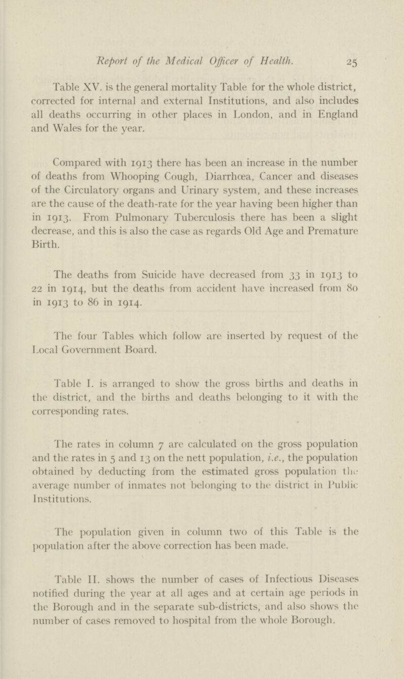 Report of the Medical Officer of Health. 25 Table XV. is the general mortality Table for the whole district, corrected for internal and external Institutions, and also includes all deaths occurring in other places in London, and in England and Wales for the year. Compared with 1913 there has been an increase in the number of deaths from Whooping Cough, Diarrhoea, Cancer and diseases of the Circulatory organs and Urinary system, and these increases are the cause of the death-rate for the year having been higher than in 1913. From Pulmonary Tuberculosis there has been a slight decrease, and this is also the case as regards Old Age and Premature Birth. The deaths from Suicide have decreased from 33 in 1913 to 22 in 1914, but the deaths from accident have increased from 80 in 1913 to 86 in 1914. The four Tables which follow are inserted by request of the Local Government Board. Table I. is arranged to show the gross births and deaths in the district, and the births and deaths belonging to it with the corresponding rates. The rates in column 7 are calculated on the gross population and the rates in 5 and 13 on the nett population, i.e., the population obtained by deducting from the estimated gross population the average number of inmates not belonging to the district in Public Institutions. The population given in column two of this Table is the population after the above correction has been made. Table II. shows the number of cases of Infectious Diseases notified during the year at all ages and at certain age periods in the Borough and in the separate sub-districts, and also shows the number of cases removed to hospital from the whole Borough.