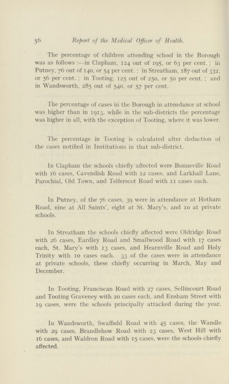 5& Report of the Medical Officer of Health. The percentage of children attending school in the Borough was as follows:—in Clapham, 124 out of 195, or 63 per cent.; in Putney, 76 out of 140, or 54 per cent.; in Streatham, 187 out of 332, or 56 per cent.; in Tooting, 125 out of 250, or 50 per cent.; and in Wandsworth, 285 out of 540, or 57 per cent. The percentage of cases in the Borough in attendance at school was higher than in 1913, while in the sub-districts the percentage was higher in all, with the exception of Tooting, where it was lower. The percentage in Tooting is calculated after deduction of the cases notified in Institutions in that sub-district. In Clapham the schools chiefly affected were Bonneville Road with 16 cases, Cavendish Road with 12 cases, and Larkhall Lane, Parochial, Old Town, and Telferscot Road with 11 cases each. In Putney, of the 76 cases, 39 were in attendance at Hotham Road, nine at All Saints', eight at St. Mary's, and 10 at private schools. In Streatham the schools chiefly affected were Oldridge Road with 26 cases, Eardley Road and Smallwood Road with 17 cases each, St. Mary's with 13 cases, and Hearnville Road and Holy Trinity with 10 cases each. 33 of the cases were in attendance at private schools, these chiefly occurring in March, May and December. In Tooting, Franciscan Road with 27 cases, Sellincourt Road and Tooting Graveney with 20 cases each, and Ensham Street with 19 cases, were the schools principally attacked during the year. In Wandsworth, Swaffield Road with 45 cases, the Wandle with 29 cases, Brandlehow Road with 23 cases, West Hill with 16 cases, and Waldron Road with 15 cases, were the schools chiefly affected.