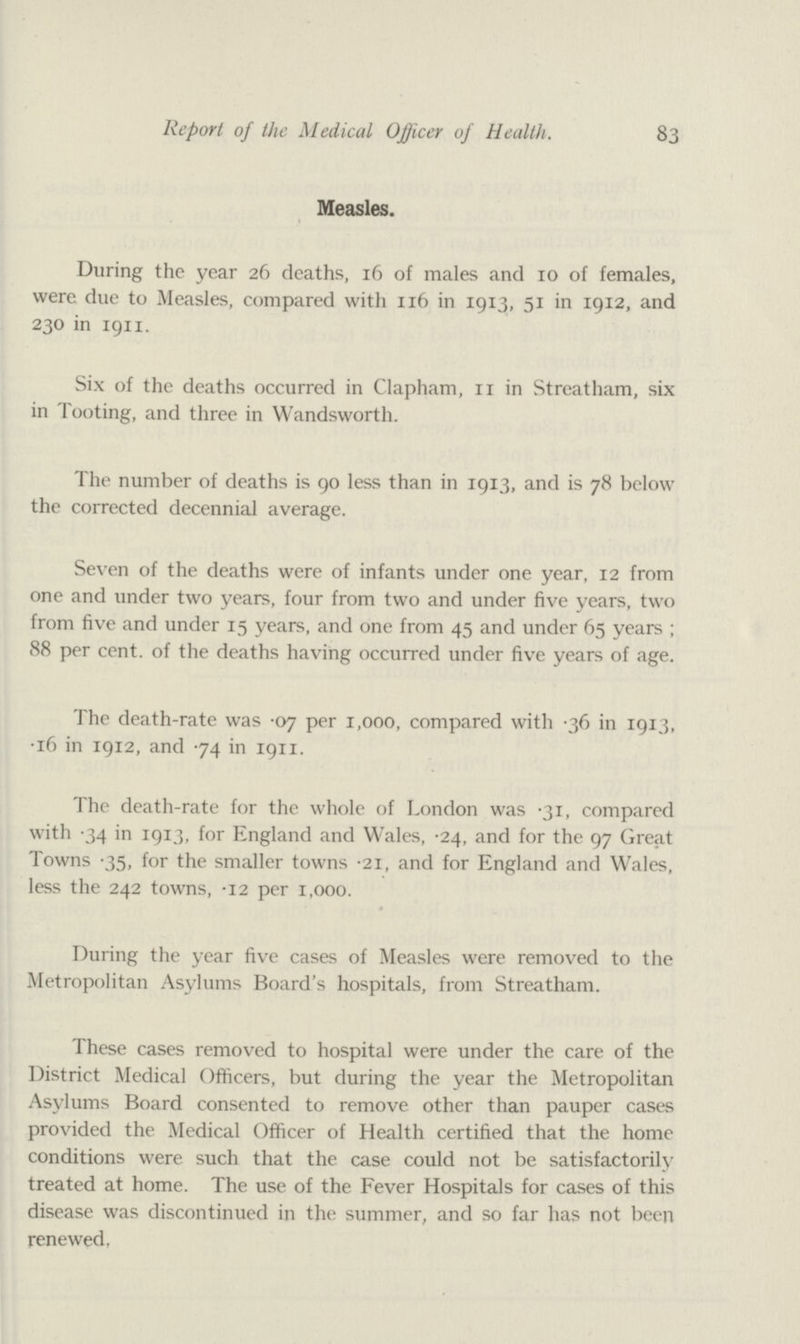 83 Report of the Medical Officer of Health. Measles. During the year 26 deaths, 16 of males and xo of females, were due to Measles, compared with 116 in 1913, 51 in 1912, and 230 in 1911. Six of the deaths occurred in Clapham, 11 in Streatham, six in Tooting, and three in Wandsworth. The number of deaths is 90 less than in 1913, and is 78 below the corrected decennial average. Seven of the deaths were of infants under one year, 12 from one and under two years, four from two and under five years, two from five and under 15 years, and one from 45 and under 65 years ; 88 per cent, of the deaths having occurred under five years of age. The death-rate was .07 per 1,000, compared with .36 in 1913, .16 in 1912, and .74 in 1911. The death-rate for the whole of London was .31, compared with 34 in 1913, for England and Wales, .24, and for the 97 Great Towns .35, for the smaller towns .21, and for England and Wales, less the 242 towns, .12 per 1,000. During the year five cases of Measles were removed to the Metropolitan Asylums Board's hospitals, from Streatham. These cases removed to hospital were under the care of the District Medical Officers, but during the year the Metropolitan Asylums Board consented to remove other than pauper cases provided the Medical Officer of Health certified that the home conditions were such that the case could not be satisfactorily treated at home. The use of the Fever Hospitals for cases of this disease was discontinued in the summer, and so far has not been renewed,