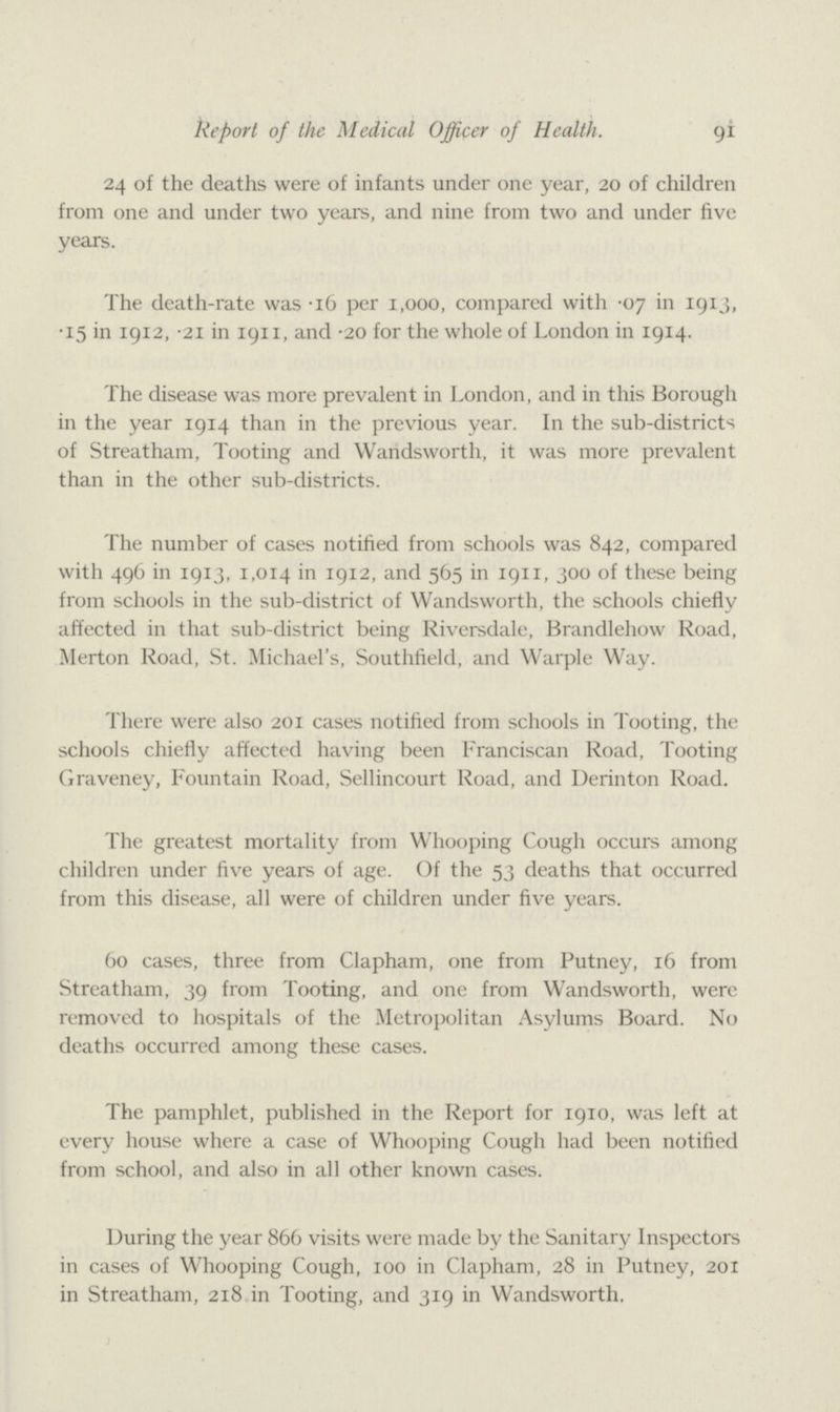 91 Report of the Medical Officer of Health. 24 of the deaths were of infants under one year, 20 of children from one and under two years, and nine from two and under five years. The death-rate was .16 per 1,000, compared with .07 in 1913, .15 in 1912, .21 in 1911, and .20 for the whole of London in 1914. The disease was more prevalent in London, and in this Borough in the year 1914 than in the previous year. In the sub-districts of Streatham, Tooting and Wandsworth, it was more prevalent than in the other sub-districts. The number of cases notified from schools was 842, compared with 496 in 1913, 1,014 in 1912, and 565 in 1911, 300 of these being from schools in the sub-district of Wandsworth, the schools chiefly affected in that sub-district being Riversdale, Brandlehow Road, Merton Road, St. Michael's, Southfield, and Warple Way. There were also 201 cases notified from schools in Tooting, the schools chiefly affected having been Franciscan Road, Tooting Graveney, Fountain Road, Sellincourt Road, and Derinton Road. The greatest mortality from Whooping Cough occurs among children under five years of age. Of the 53 deaths that occurred from this disease, all were of children under five years. 60 cases, three from Clapham, one from Putney, 16 from Streatham, 39 from Tooting, and one from Wandsworth, were removed to hospitals of the Metropolitan Asylums Board. No deaths occurred among these cases. The pamphlet, published in the Report for 1910, was left at every house where a case of Whooping Cough had been notified from school, and also in all other known cases. During the year 866 visits were made by the Sanitary Inspectors in cases of Whooping Cough, 100 in Clapham, 28 in Putney, 201 in Streatham, 218 in Tooting, and 319 in Wandsworth.