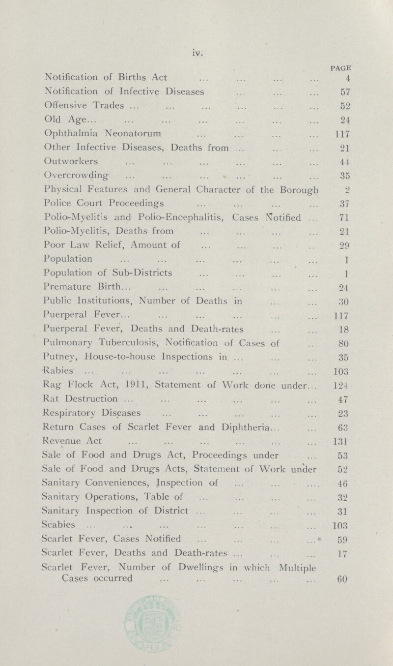 iv. page Notification of Births Act 4 Notification of Infective Diseases 57 Offensive Trades 52 Old Age 24 Ophthalmia Neonatorum 117 Other Infective Diseases, Deaths from 21 Outworkers 44 Overcrowding 35 Physical Features and General Character of the Borough 2 Police Court Proceedings 37 Polio-Myelitis and Polio-Encephalitis, Cases Notified 71 Polio-Myelitis, Deaths from 21 Poor Law Relief, Amount of 29 Population 1 Population of Sub-Districts 1 Premature Birth 24 Public Institutions, Number of Deaths in 30 Puerperal Fever 117 Puerperal Fever, Deaths and Death-rates 18 Pulmonary Tuberculosis, Notification of Cases of 80 Putney, House-to-house Inspections in 35 Rabies 103 Rag Flock Act, 1911, Statement of Work done under 124 Rat Destruction 47 Respiratory Diseases 23 Return Cases of Scarlet Fever and Diphtheria 63 Revenue Act 131 Sale of Food and Drugs Act, Proceedings under 53 Sale of Food and Drugs Acts, Statement of Work under 52 Sanitary Conveniences, Inspection of 46 Sanitary Operations, Table of 32 Sanitary Inspection of District 31 Scabies 103 Scarlet Fever, Cases Notified 59 Scarlet Fever, Deaths and Death-rates 17 Scarlet Fever, Number of Dwellings in which Multiple Cases occurred 60