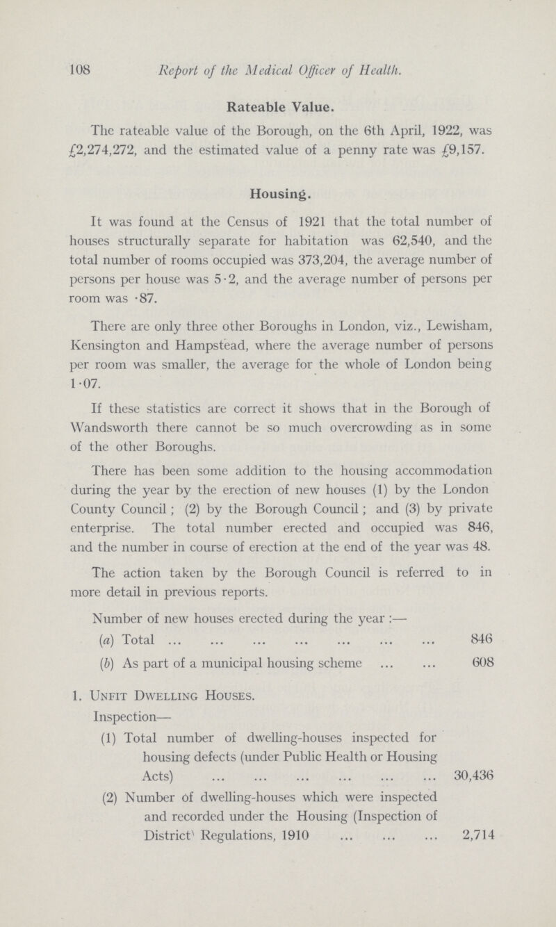 108 Report of the Medical Officer of Health. Rateable Value. The rateable value of the Borough, on the 6th April, 1922, was £2,274,272, and the estimated value of a penny rate was £9,157. Housing. It was found at the Census of 1921 that the total number of houses structurally separate for habitation was 62,540, and the total number of rooms occupied was 373,204, the average number of persons per house was 5.2, and the average number of persons per room was .87. There are only three other Boroughs in London, viz., Lewisham, Kensington and Hampstead, where the average number of persons per room was smaller, the average for the whole of London being 1.07. If these statistics are correct it shows that in the Borough of Wandsworth there cannot be so much overcrowding as in some of the other Boroughs. There has been some addition to the housing accommodation during the year by the erection of new houses (1) by the London County Council; (2) by the Borough Council; and (3) by private enterprise. The total number erected and occupied was 846, and the number in course of erection at the end of the year was 48. The action taken by the Borough Council is referred to in more detail in previous reports. Number of new houses erected during the year :— (a) Total 846 (b) As part of a municipal housing scheme 608 1. Unfit Dwelling Houses. Inspection— (1) Total number of dwelling-houses inspected for housing defects (under Public Health or Housing Acts) 30,436 (2) Number Of dwelling-houses which were inspected and recorded under the Housing (Inspection of District Regulations, 1910 2,714