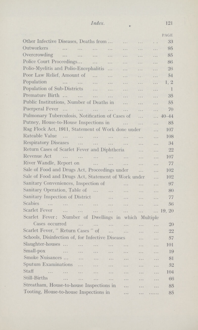 Index. 121 page Other Infective Diseases, Deaths from 33 Outworkers 95 Overcrowding 85 Police Court Proceedings 86 Polio-Myelitis and Polio-Encephalitis 26 Poor Law Relief, Amount of 54 Population 1,2 Population of Sub-Districts 1 Premature Birth 35 Public Institutions, Number of Deaths in 55 Puerperal Fever 70 Pulmonary Tuberculosis, Notification of Cases of 40—44 Putney, House-to-House Inspections in 85 Rag Flock Act, 1911, Statement of Work done under 107 Rateable Value 108 Respiratory Diseases 34 Return Cases of Scarlet Fever and Diphtheria 22 Revenue Act 107 River Wandle, Report on 77 Sale of Food and Drugs Act, Proceedings under 102 Sale of Food and Drugs Act, Statement of Work under 102 Sanitary Conveniences, Inspection of 97 Sanitary Operation, Table of 80 Sanitary Inspection of District 77 Scabies 56 Scarlet Fever 19, 20 Scarlet Fever: Number of Dwellings in which Multiple Cases occurred 20 Scarlet Fever,  Return Cases of 22 Schools, Disinfection of, for Infective Diseases 57 Slaughter-houses 101 Small-pox 19 Smoke Nuisances 81 Sputum Examinations 52 Staff 104 Still-Births. 66 Streatham, House-to-house Inspections in 85 Tooting, House-to-house Inspections in 85