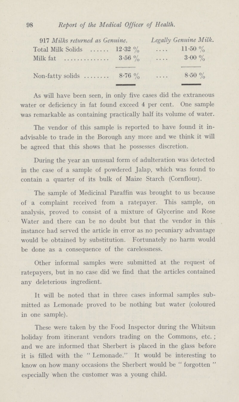 98 Report of the Medical Officer of Health. 917 Milks returned as Genuine. Total Milk Solids 12.32% Milk fat 3.56 % Non-fatty solids 8.76% Legally Genuine Milk. 11.50% 3.00% 8.50% As will have been seen, in only five cases did the extraneous water or deficiency in fat found exceed 4 per cent. One sample was remarkable as containing practically half its volume of water. The vendor of this sample is reported to have found it in advisable to trade in the Borough any more and we think it will be agreed that this shows that he possesses discretion. During the year an unusual form of adulteration was detected in the case of a sample of powdered Jalap, which was found to contain a quarter of its bulk of Maize Starch (Cornflour). The sample of Medicinal Paraffin was brought to us because of a complaint received from a ratepayer. This sample, on analysis, proved to consist of a mixture of Glycerine and Rose Water and there can be no doubt but that the vendor in this instance had served the article in error as no pecuniary advantage would be obtained by substitution. Fortunately no harm would be done as a consequence of the carelessness. Other informal samples were submitted at the request of ratepayers, but in no case did we find that the articles contained any deleterious ingredient. It will be noted that in three cases informal samples sub mitted as Lemonade proved to be nothing but water (coloured in one sample). These were taken by the Food Inspector during the Whitsun holiday from itinerant vendors trading on the Commons, etc. ; and we are informed that Sherbert is placed in the glass before it is filled with the Lemonade. It would be interesting to know on how many occasions the Sherbert would be forgotten especially when the customer was a young child.