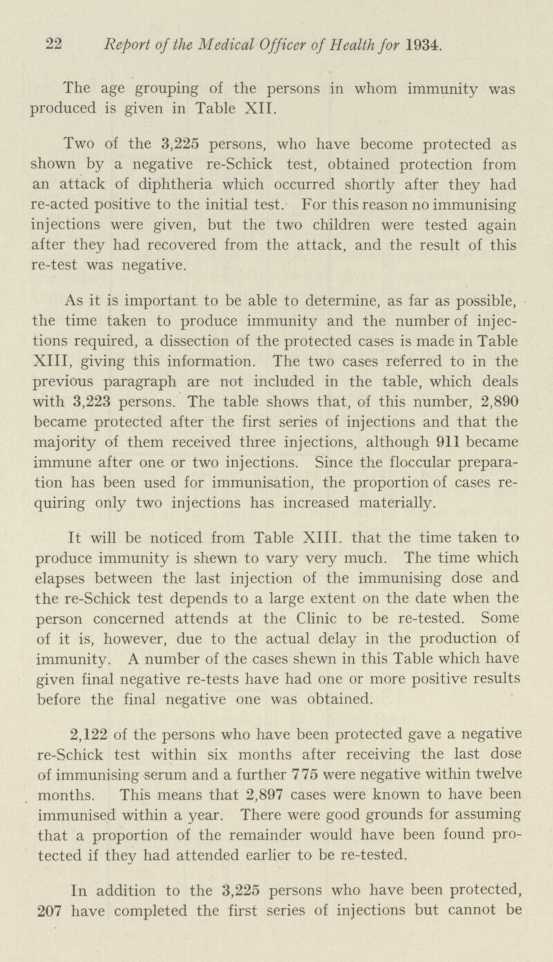 22 Report of the Medical Officer of Health for 1934. The age grouping of the persons in whom immunity was produced is given in Table XII. Two of the 3,225 persons, who have become protected as shown by a negative re-Schick test, obtained protection from an attack of diphtheria which occurred shortly after they had re-acted positive to the initial test. For this reason no immunising injections were given, but the two children were tested again after they had recovered from the attack, and the result of this re-test was negative. As it is important to be able to determine, as far as possible, the time taken to produce immunity and the number of injec tions required, a dissection of the protected cases is made in Table XIII, giving this information. The two cases referred to in the previous paragraph are not included in the table, which deals with 3,223 persons. The table shows that, of this number, 2,890 became protected after the first series of injections and that the majority of them received three injections, although 911 became immune after one or two injections. Since the floccular prepara tion has been used for immunisation, the proportion of cases re quiring only two injections has increased materially. It will be noticed from Table XIII. that the time taken to produce immunity is shewn to vary very much. The time which elapses between the last injection of the immunising dose and the re-Schick test depends to a large extent on the date when the person concerned attends at the Clinic to be re-tested. Some of it is, however, due to the actual delay in the production of immunity. A number of the cases shewn in this Table which have given final negative re-tests have had one or more positive results before the final negative one was obtained. 2,122 of the persons who have been protected gave a negative re-Schick test within six months after receiving the last dose of immunising serum and a further 7 75 were negative within twelve months. This means that 2,897 cases were known to have been immunised within a year. There were good grounds for assuming that a proportion of the remainder would have been found pro tected if they had attended earlier to be re-tested. In addition to the 3,225 persons who have been protected, 207 have completed the first series of injections but cannot be