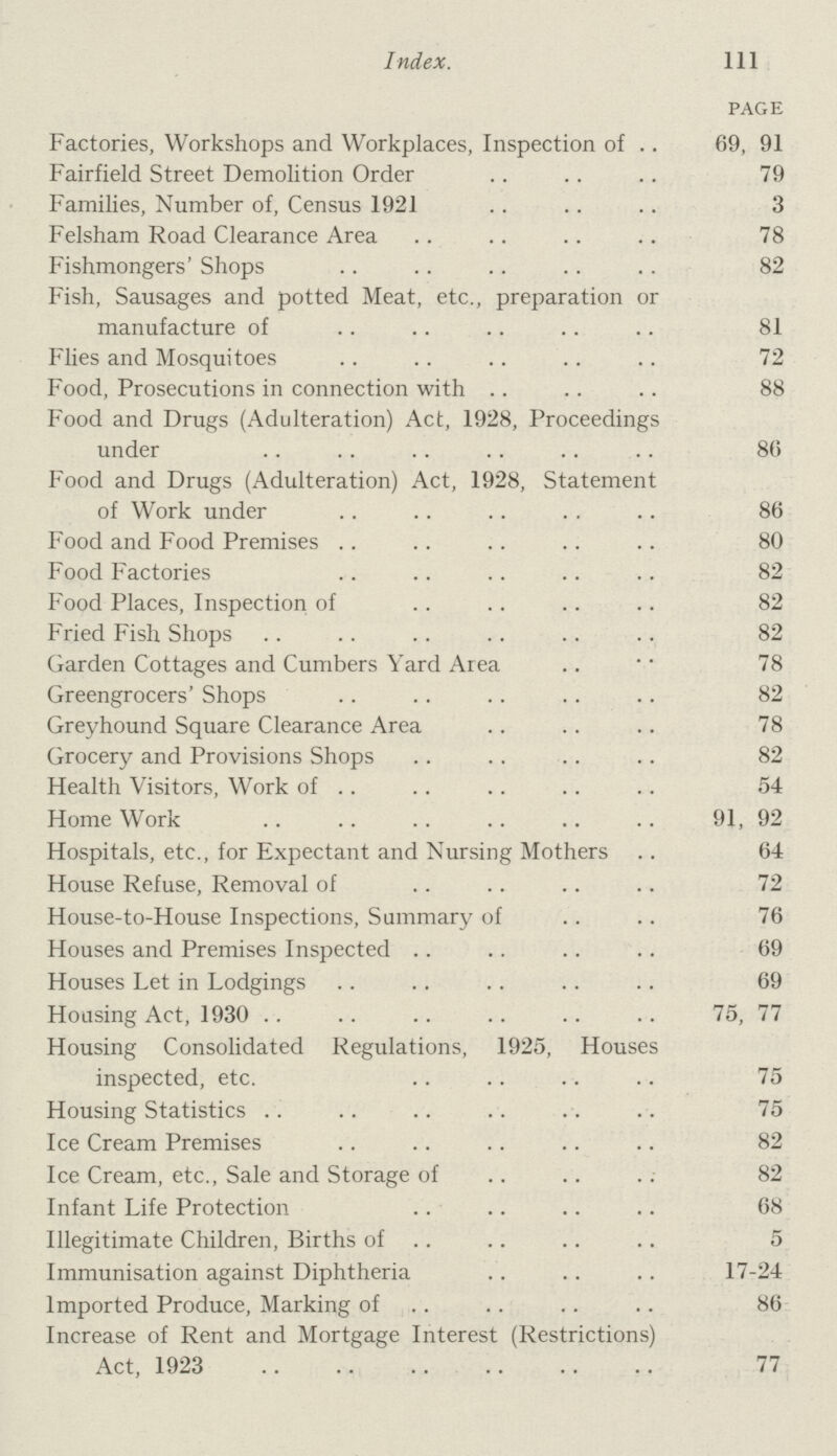 Index. 111 page Factories, Workshops and Workplaces, Inspection of 69, 91 Fairfield Street Demolition Order 79 Families, Number of, Census 1921 3 Felsham Road Clearance Area 78 Fishmongers' Shops 82 Fish, Sausages and potted Meat, etc., preparation or manufacture of 81 Flies and Mosquitoes 72 Food, Prosecutions in connection with 88 Food and Drugs (Adulteration) Act, 1928, Proceedings under 86 Food and Drugs (Adulteration) Act, 1928, Statement of Work under 86 Food and Food Premises 80 Food Factories 82 Food Places, Inspection of 82 Fried Fish Shops 82 Garden Cottages and Cumbers Yard Area 78 Greengrocers' Shops 82 Greyhound Square Clearance Area 78 Grocery and Provisions Shops 82 Health Visitors, Work of 54 Home Work 91, 92 Hospitals, etc., for Expectant and Nursing Mothers 64 House Refuse, Removal of 72 House-to-House Inspections, Summary of 76 Houses and Premises Inspected 69 Houses Let in Lodgings 69 Housing Act, 1930 75, 77 Housing Consolidated Regulations, 1925, Houses inspected, etc. 75 Housing Statistics 75 Ice Cream Premises 82 Ice Cream, etc., Sale and Storage of 82 Infant Life Protection 68 Illegitimate Children, Births of 5 Immunisation against Diphtheria 17-24 Imported Produce, Marking of 86 Increase of Rent and Mortgage Interest (Restrictions) Act, 1923 77